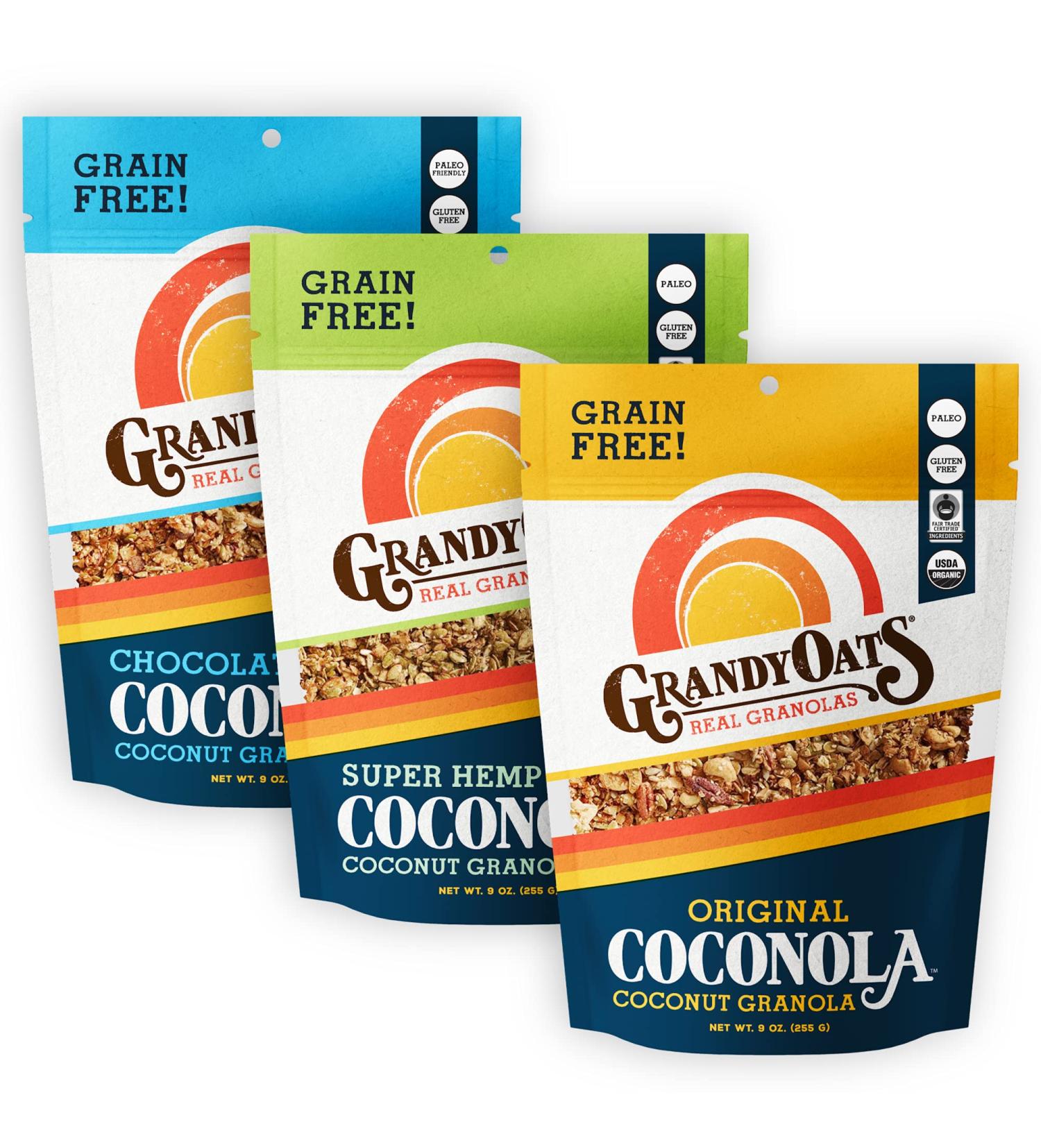 GrandyOats Organic Coconut Granola Variety Pack Coconola - Gluten Free, Paleo Friendly, Grain Free - 9oz Bags, Bulk Pack of 3 - Buy Online on GoSupps.com