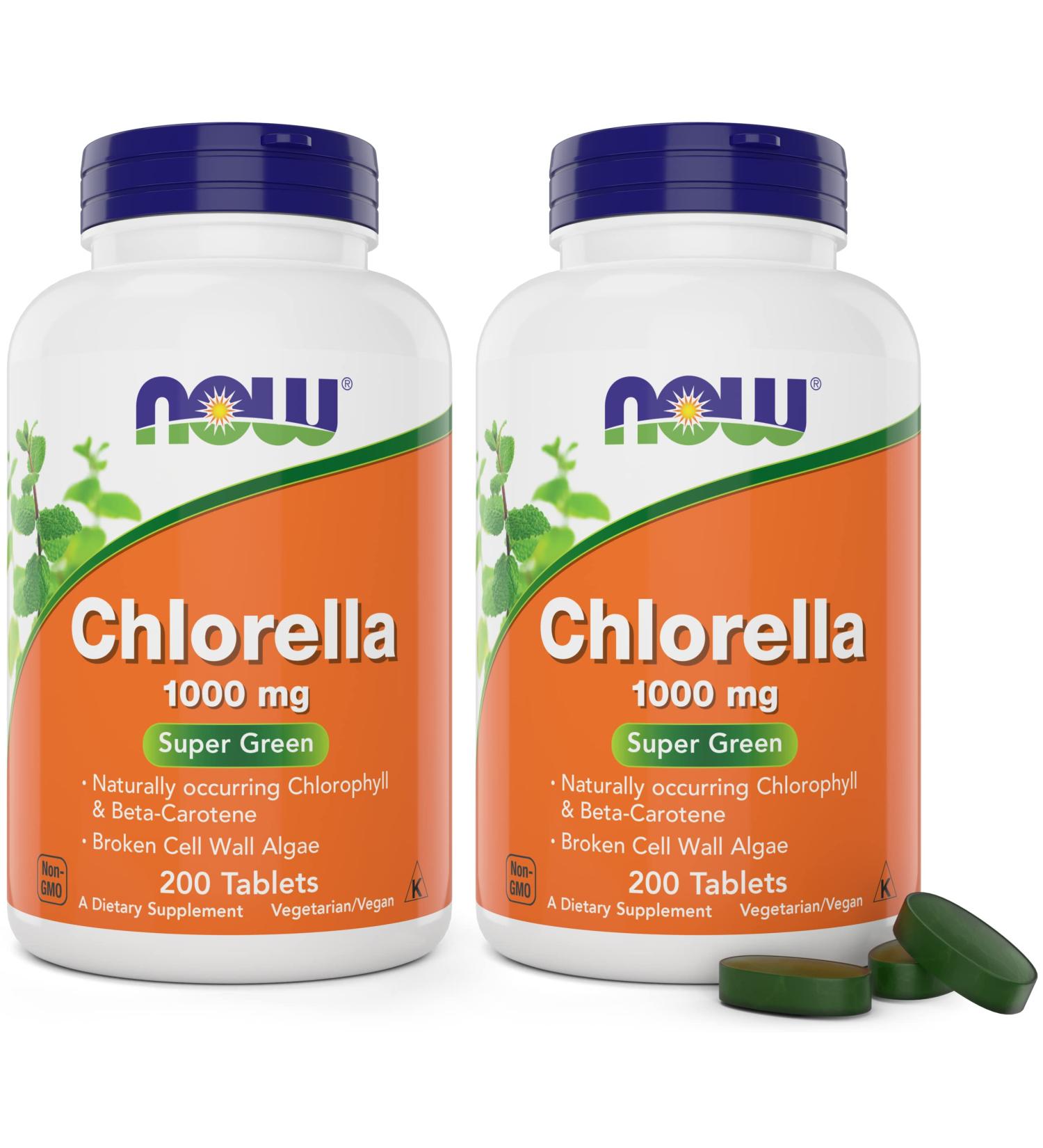 NOW Chlorella Tablets 1000mg 200 Tabs x 2 - Non-GMO Microalgae Superfood - Buy Online on GoSupps.com