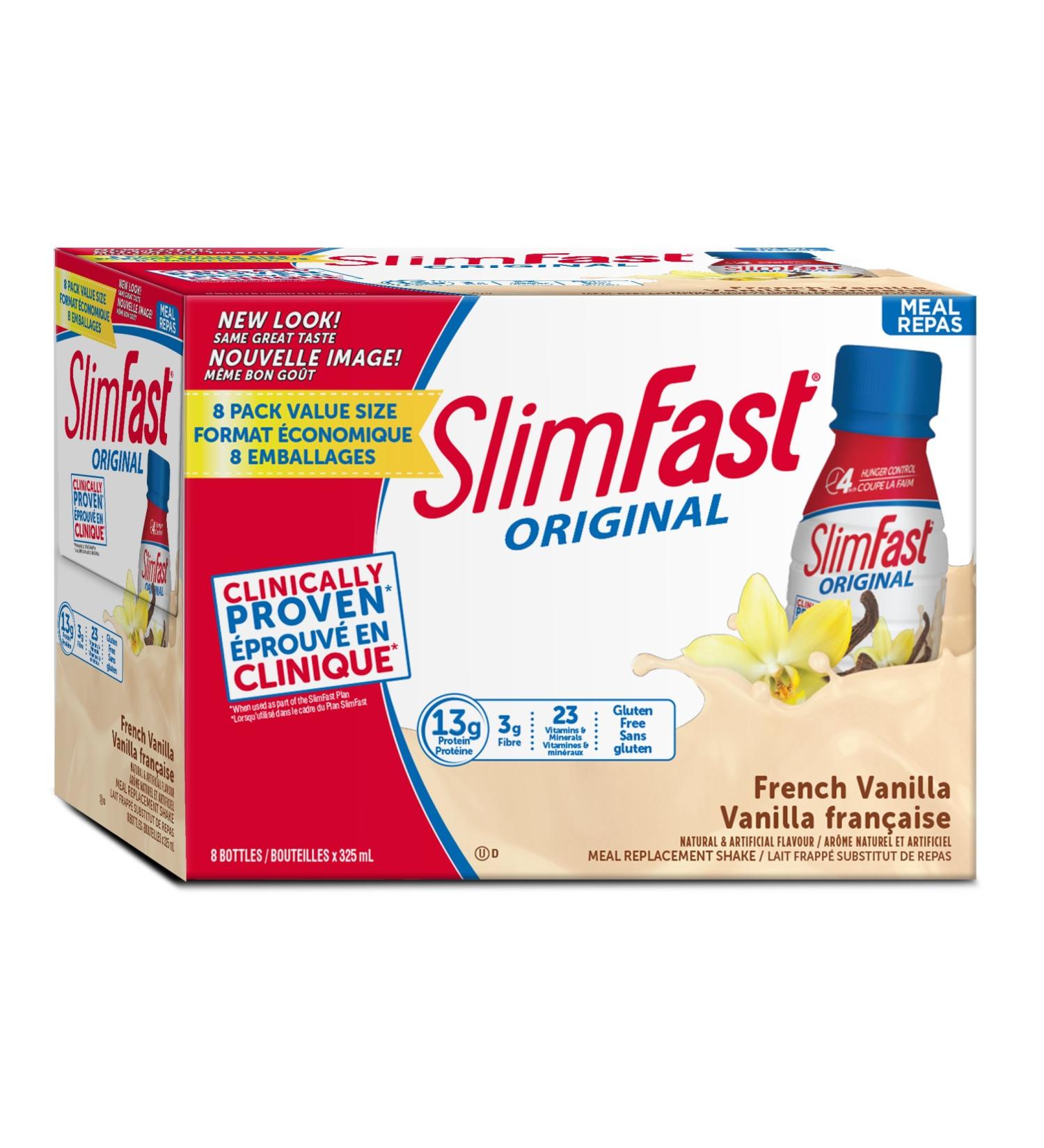 Slim Fast Original Meal Replacement or Weight Loss Ready to Drink Shakes with 13g of Protein 3g of Fibre Plus 23 Vitamins and Minerals Gluten Free French Vanilla 8 Bottles x 325ml - Buy Online on GoSupps.com