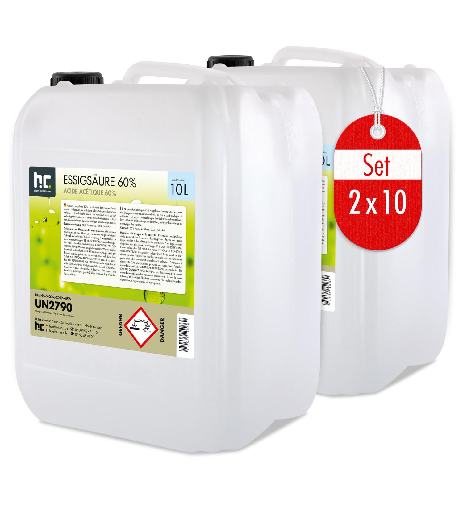 H fer Chemistry 2x10L Acidic Acid 60% - Premium Cleaner & Descaler - Made in Germany - Freshly Filled Canisters - Buy Online on GoSupps.com