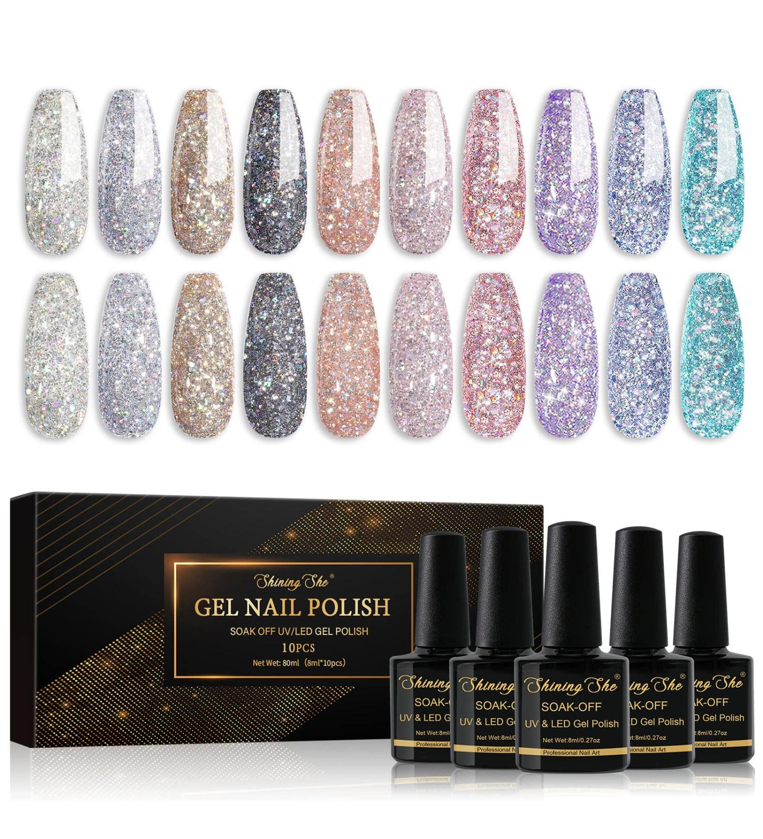 Shining She Glitter Gel Nail Polish Set - 10 Colors (Silver, Black, Gold, White) | Sparkly Soak-Off UV/LED Lamp Gel Gift for Women - Nail Art Salon Quality at Home - 8ML - Buy Online on GoSupps.com