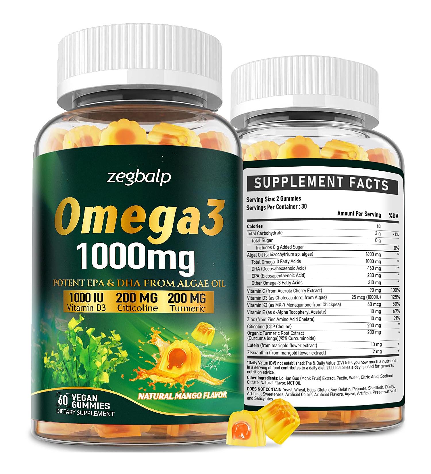 Omega-3 Supplement Gummies for Women & Men - 1000mg Vegan Omega3 DHA & EPA with Turmeric, Vitamin D3, K2, Citicoline for Overall Health - Algae Oil Omega 3 Fatty Acid Supplements, Sugar-Free Mango 60 Count (Pack of 2) - Buy Online on GoSupps.com
