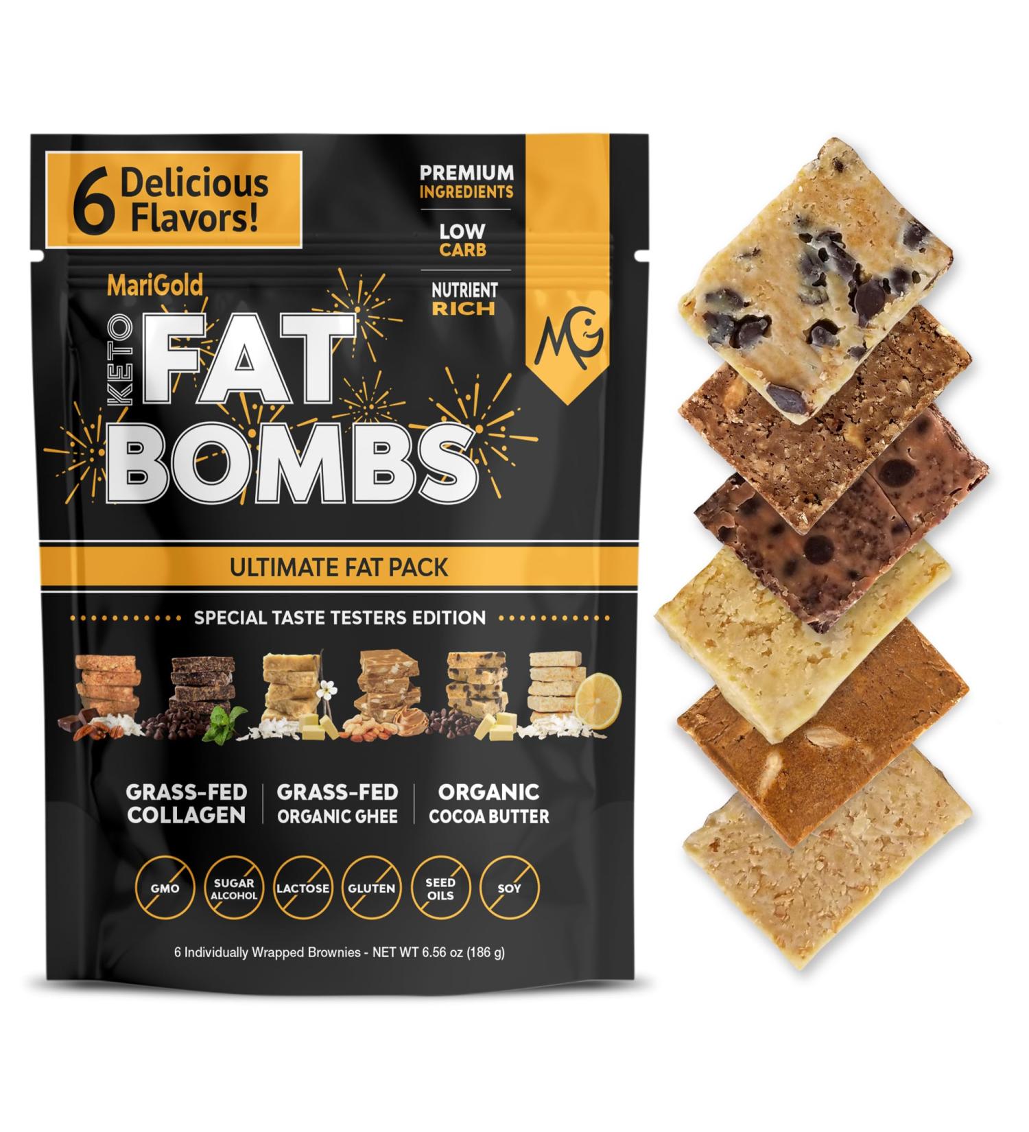 MariGold Keto Fat Bombs - 6 Flavor Sampler Collagen Protein Bars | Healthy Low-Carb Low-Sugar Snacks | Organic Ingredients Gluten-Free Non-GMO 6 Flavor Sampler 1 Pack - Buy Online on GoSupps.com