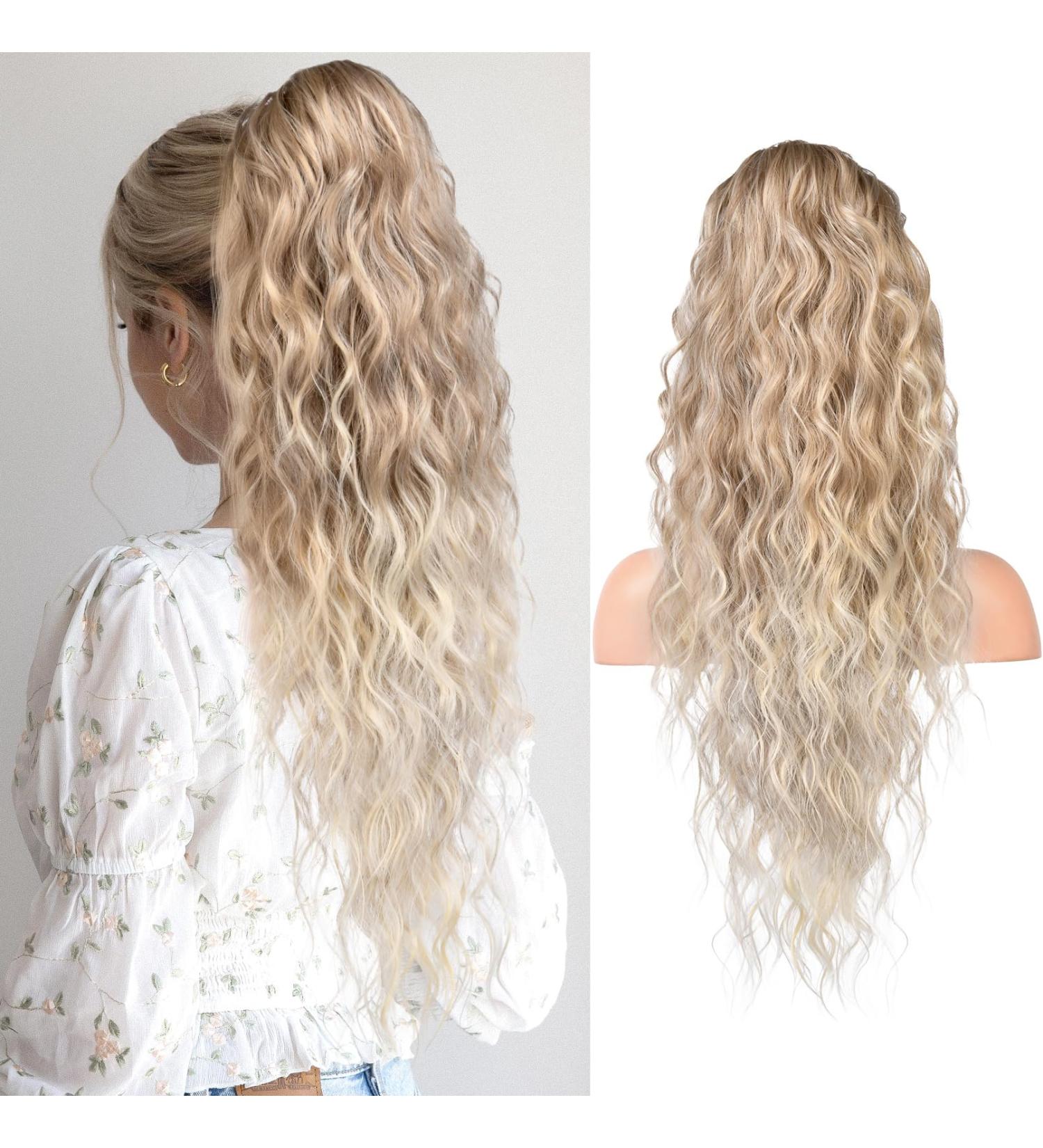 REECHO Long Beach Wave Drawstring Ponytail Extension 26 - Synthetic Hairpiece for Women - Dark Blonde with Light Blonde Ends - Buy Online on GoSupps.com