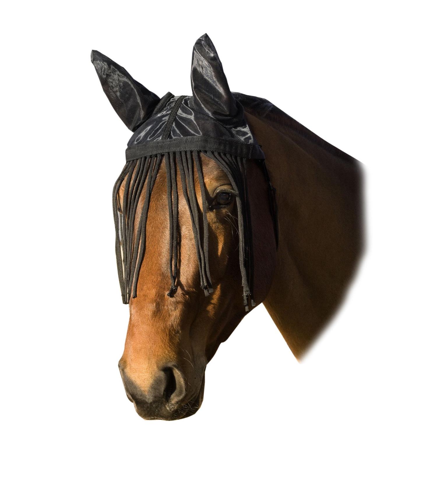 Fly hood with ear protection and fringes black