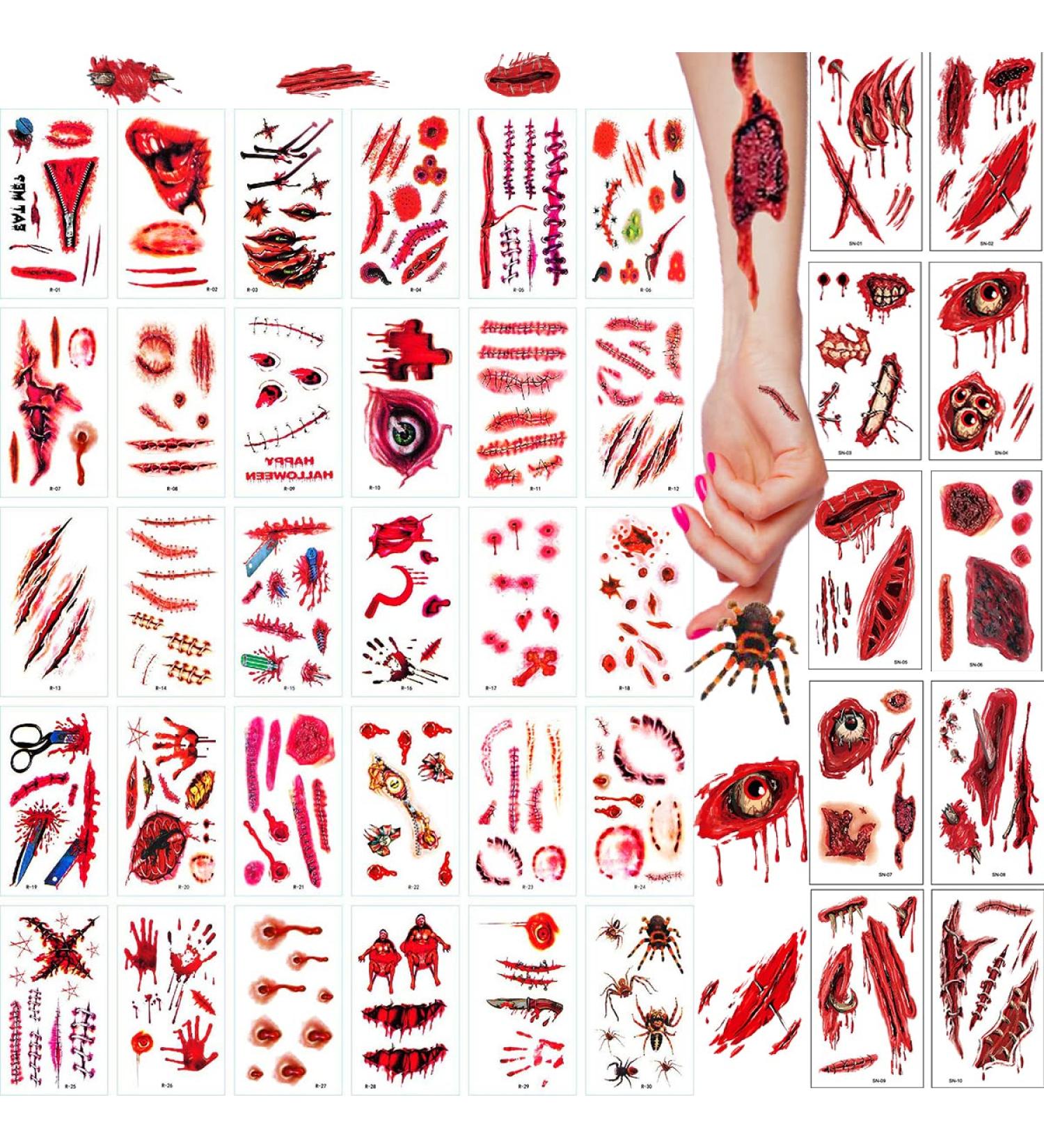 40 Sheets Halloween Temporary Tattoo Stickers - Realistic Zombie Scars, Fake Bloody Wounds, Waterproof for Masquerade Pranks - Buy Online on GoSupps.com