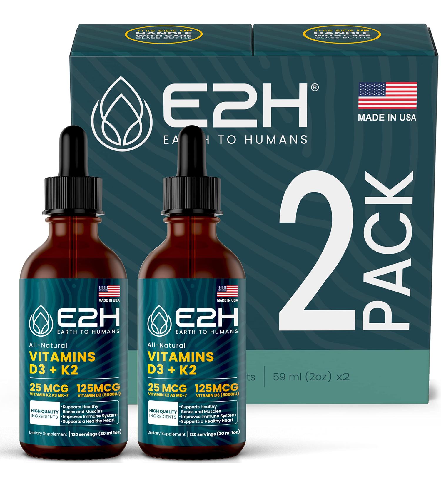 E2H EARTH TO HUMANS Vitamin D3 & K2 Supplement for Immune Support - Liquid Vitamin D3 5000 IU - Made in The USA | Non-GMO Vegan - (2 Bottles) 1 Fl Oz (Pack of 2) - Buy Online on GoSupps.com