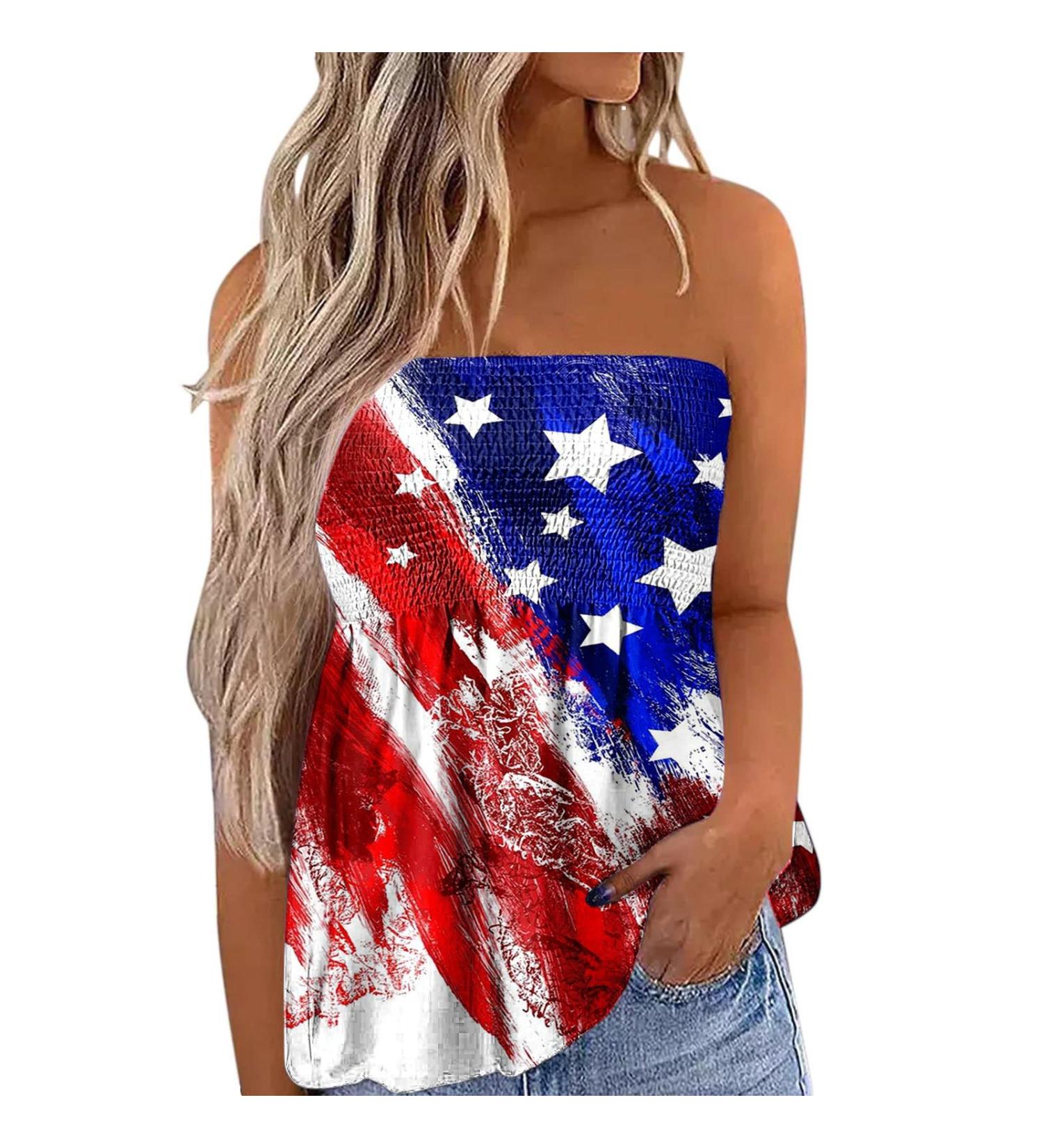 Niantie 4th of July Women's Tank Top - American Flag Patriotic Shirt | Distressed Strapless Tube Top in Blue - Size Medium - Buy Online on GoSupps.com