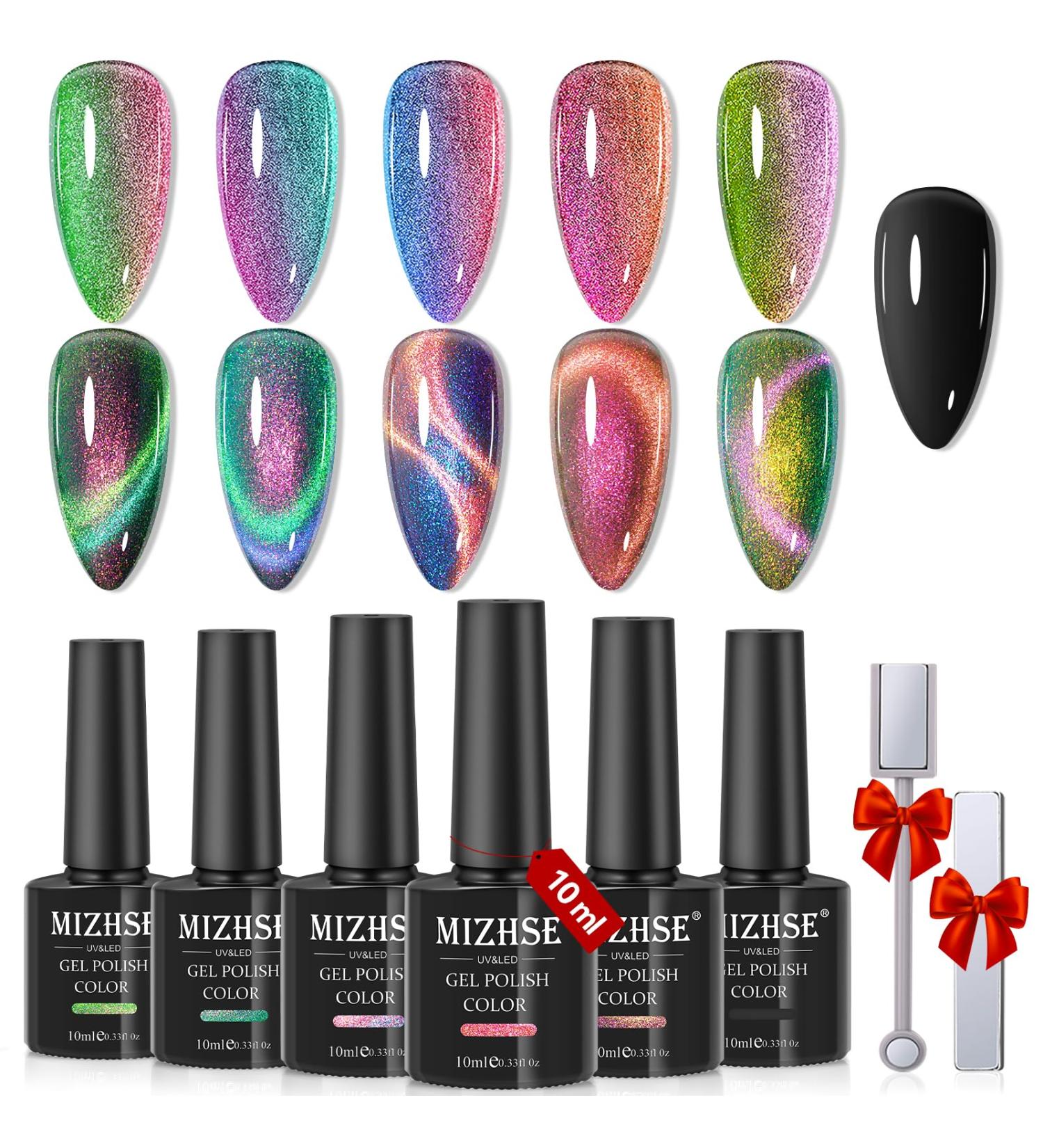 MIZHSE 9D Cat Eye Gel Nail Polish Set - 6 Colors with 2 Magnetic Sticks | Chameleon Galaxy Effect | Soak Off Nail Art Gift for Ladies - Buy Online on GoSupps.com