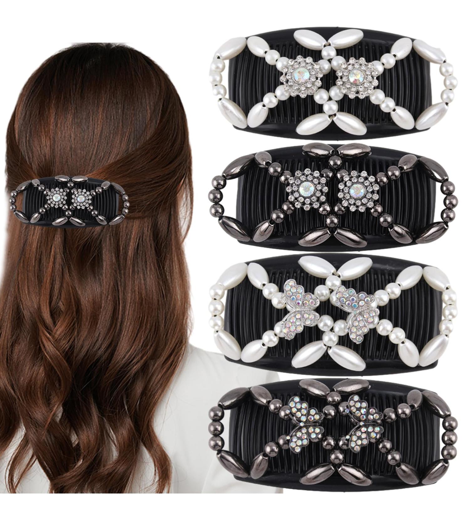 4 Pcs Beaded Hair Combs Clips for Women - Butterfly & Flower Design | Elastic Magic Beads Hair Slides for Girls Hair Styling - Buy Online on GoSupps.com