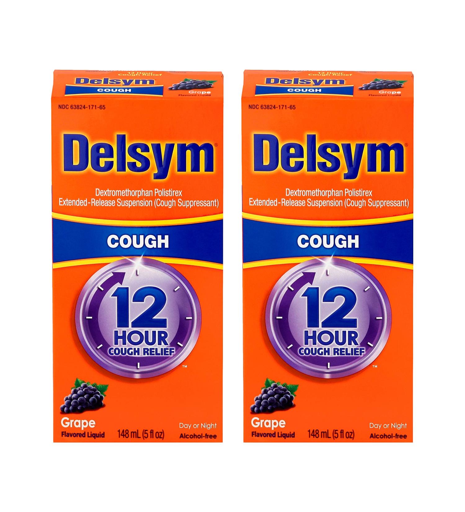 Delsym Adult 12 Hour Cough Relief Medicine - Powerful Cough Suppressant Liquid | #1 Pharmacist Recommended, Grape Flavor, 5 fl oz (Pack of 2) - Buy Online on GoSupps.com