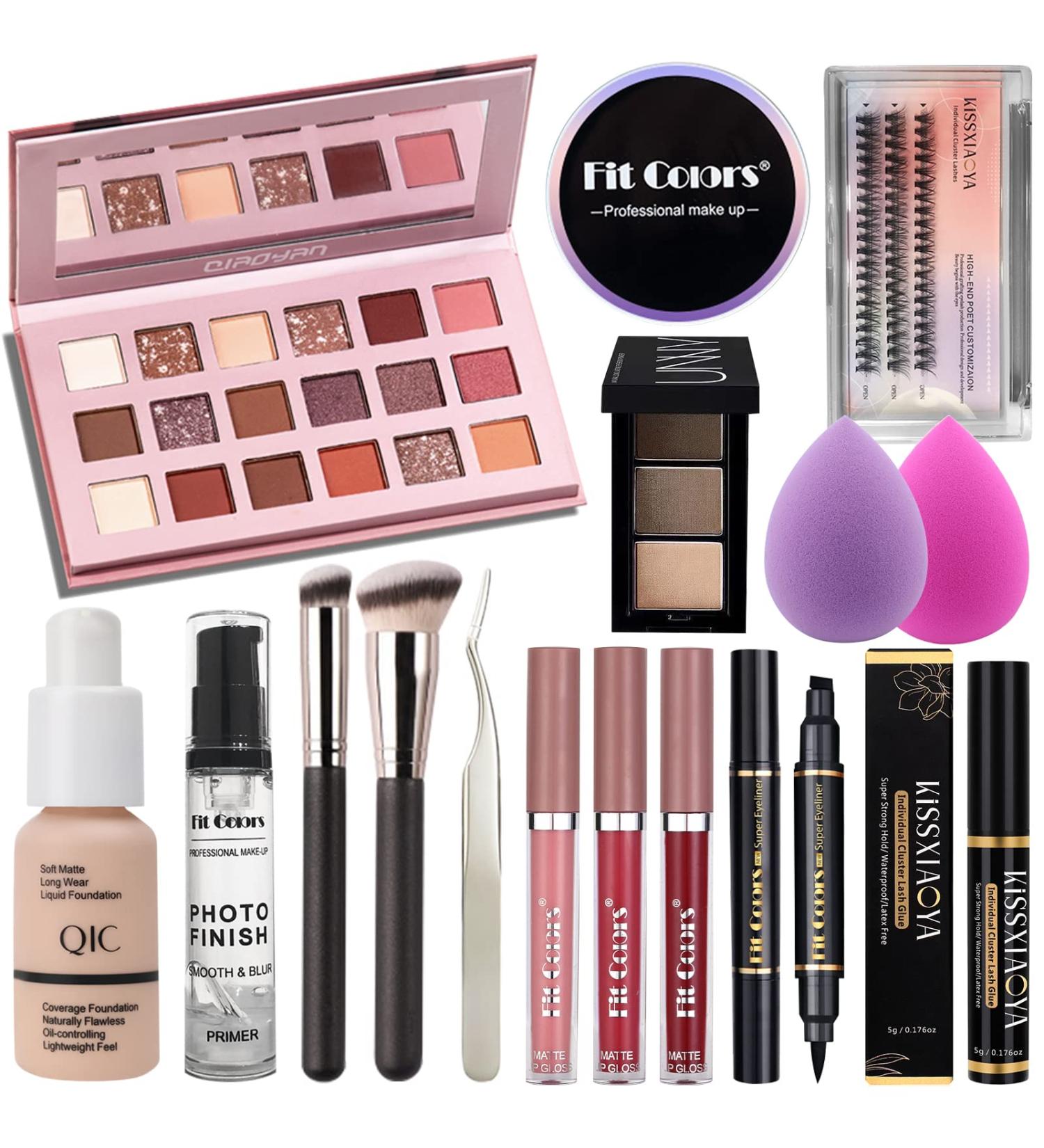 Lookmee All In One Makeup Kit - 18 Colors Naked Eyeshadow Palette, Face Primer, Brushes, Sponge, and Winged Eyeliner Stamp - Ideal Starter Kit for Women, Beginners, and Pros (SetA) - Buy Online on GoSupps.com