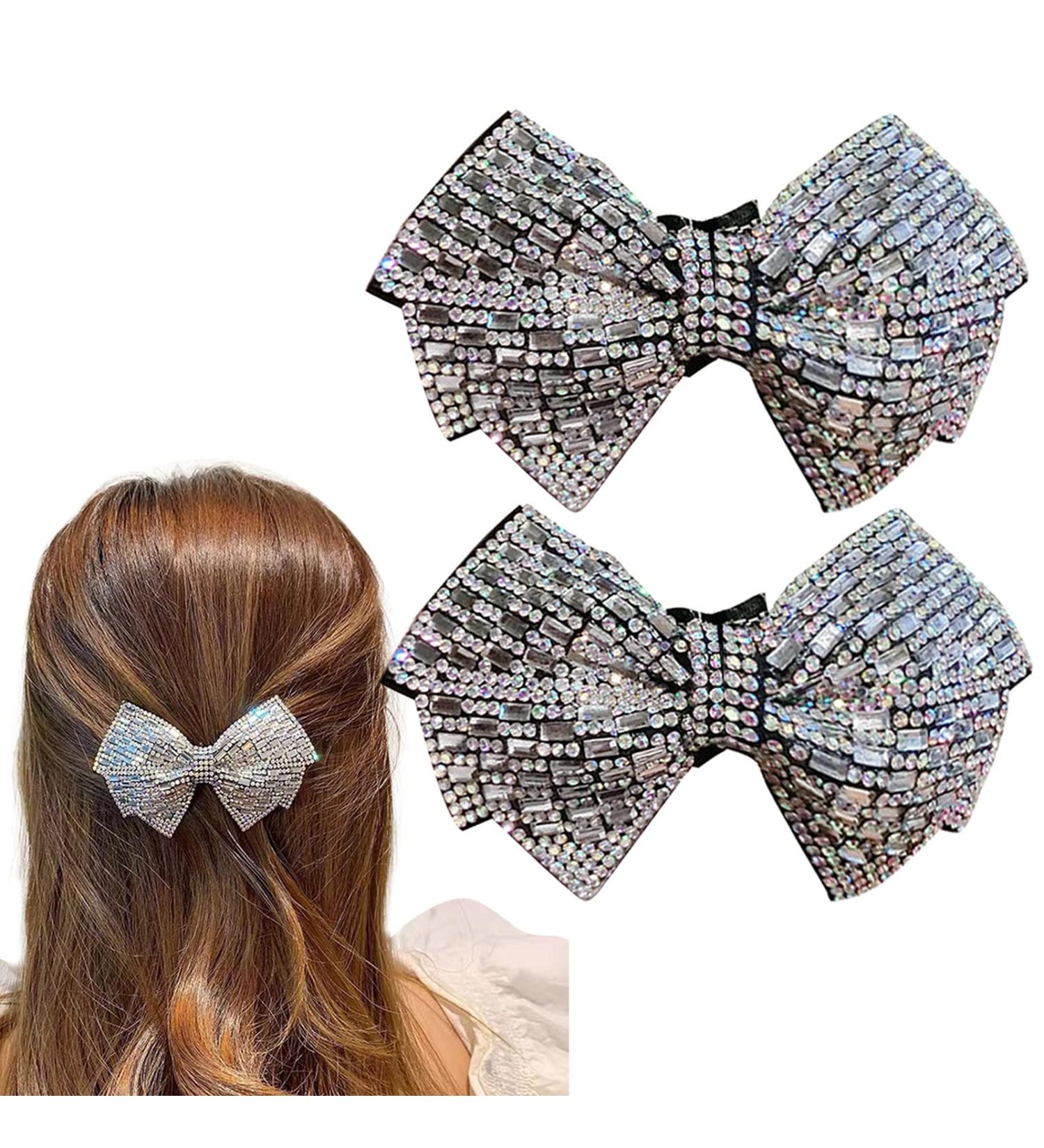 Grey Crystal Rhinestone Bow Hair Barrette | Stylish Ponytail Holder for Women and Girls - Hair Jewelry Accessory - Buy Online on GoSupps.com