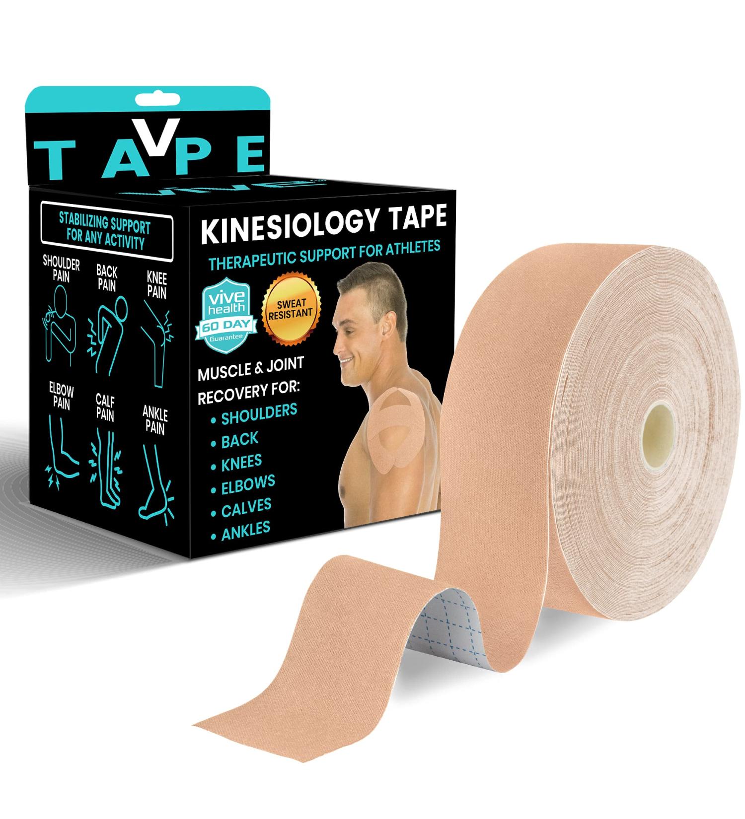 Vive Kinesiology Tape - 105ft Uncut Kensio Roll for Muscle and Joint Recovery - Waterproof Support for Shoulder, Back, Knee, Elbow, Ankle Pain Relief - Beige 2x105' - Buy Online on GoSupps.com