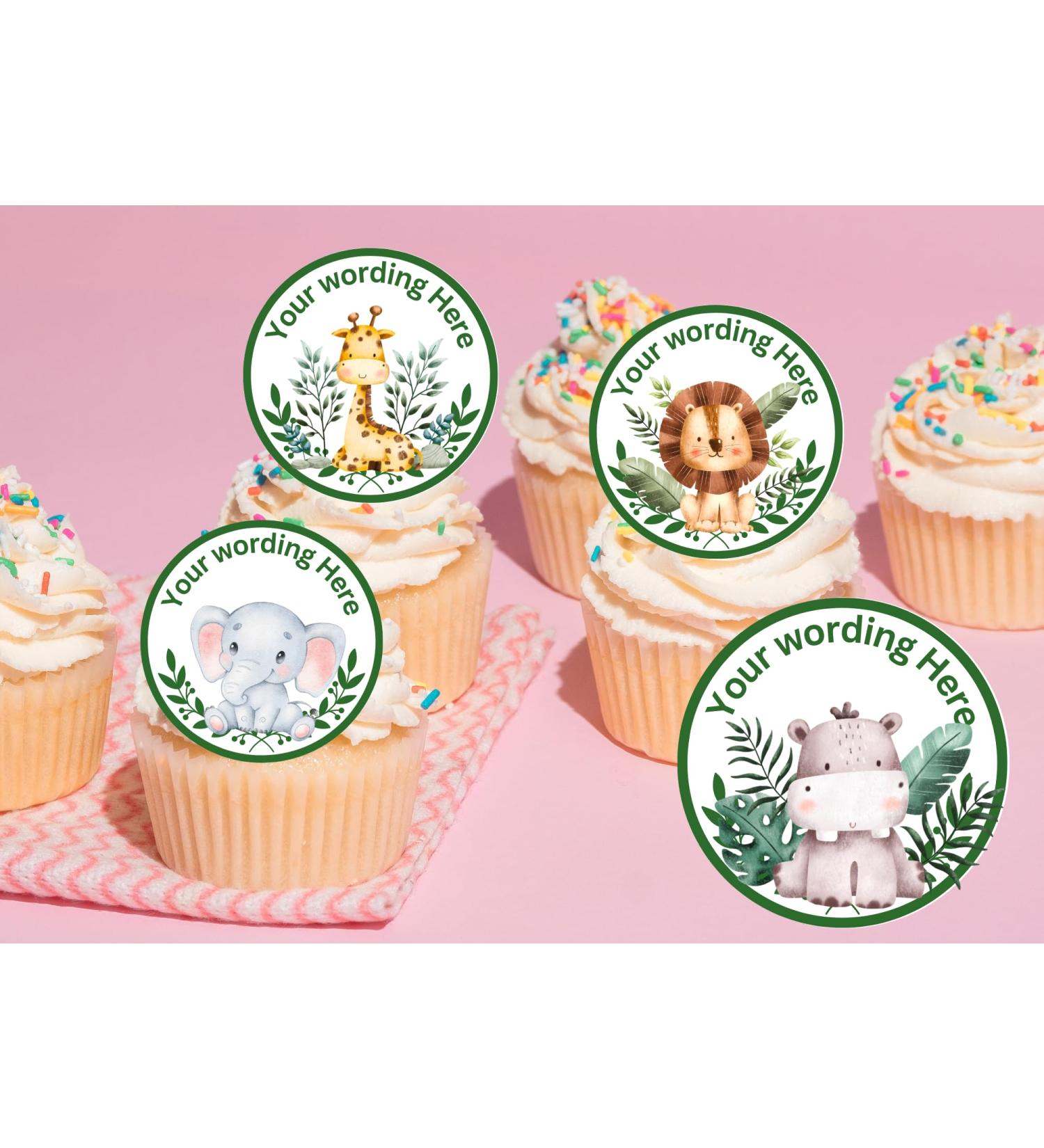 20 x EDIBLE Safari Animal Personalised cupcake toppers wafer/icing uncut BIRTHDAY/BABY SHOWER/CHRISTENING/BAPTISM/ANY WORDING (wafer paper) Rice Paper