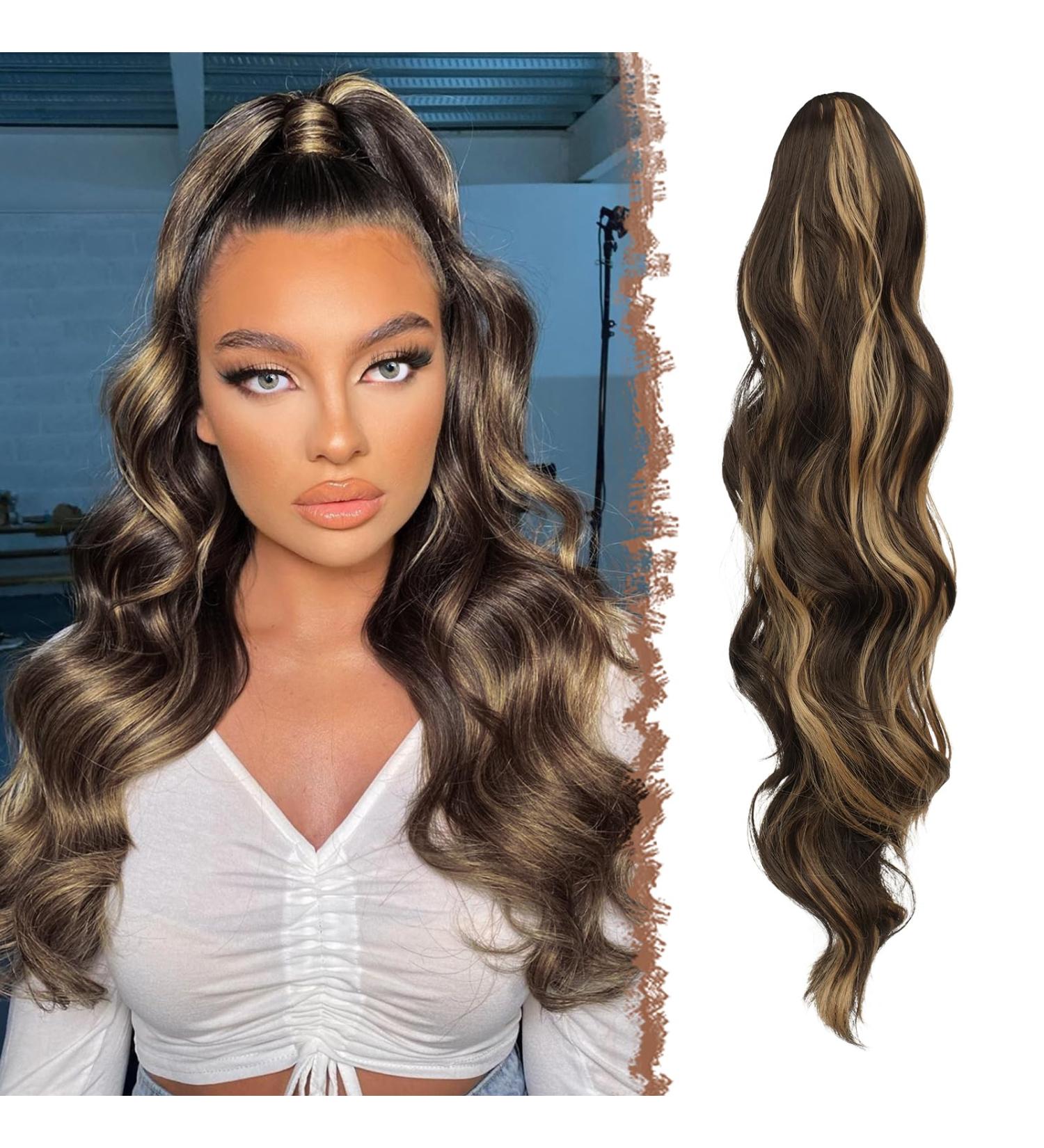Feshfen 60cm Ponytail Hair Extension - Synthetic Wavy Curly Hair for Women in Dark Brown & Blonde - Buy Online on GoSupps.com