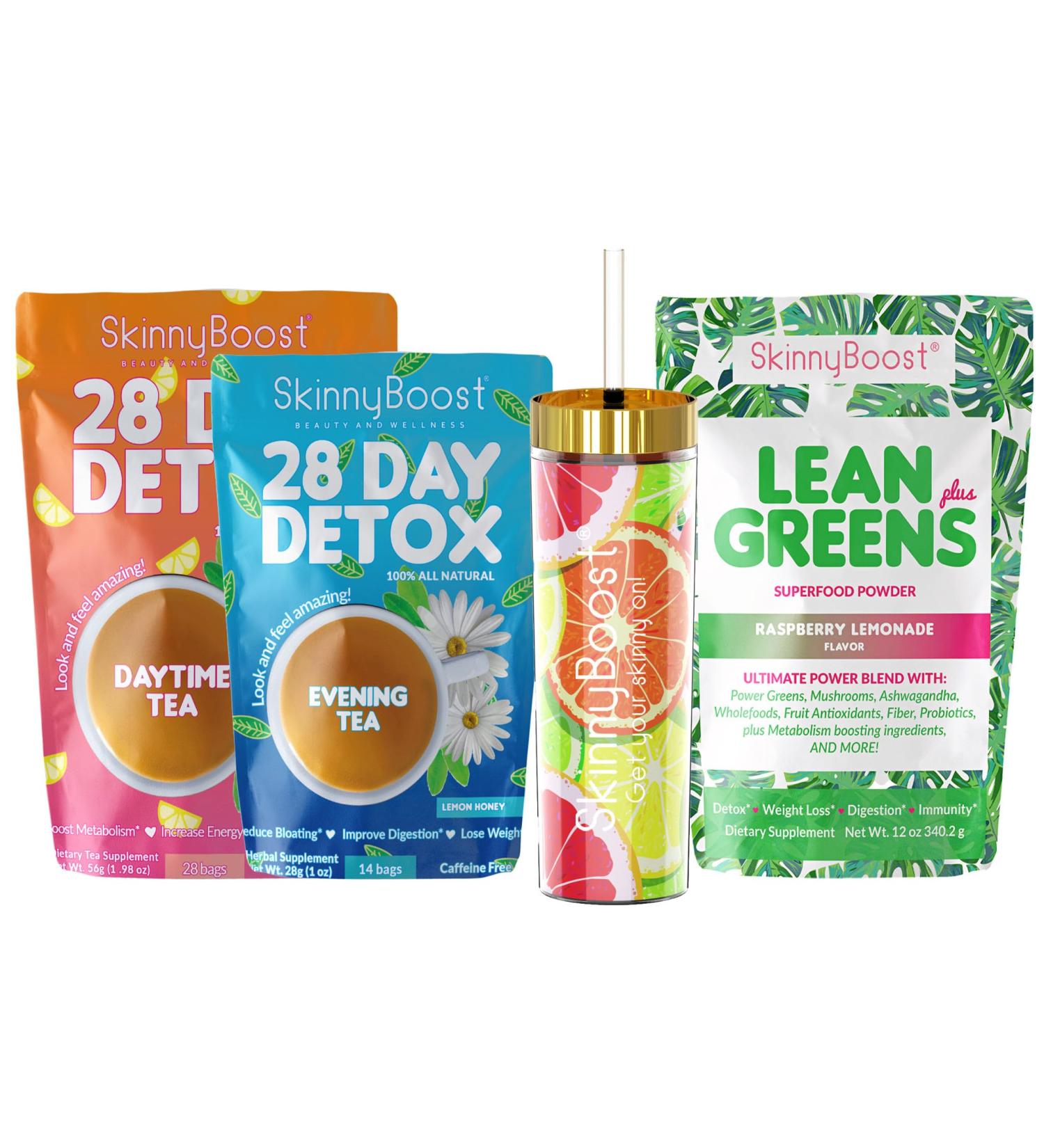 Buy Skinny Boost Tea Kit - 1 Daytime & 1 Evening Detox Tea Lean Greens Superfood Non-GMO & Vegan | Free Tumbler Included - Buy Online on GoSupps.com