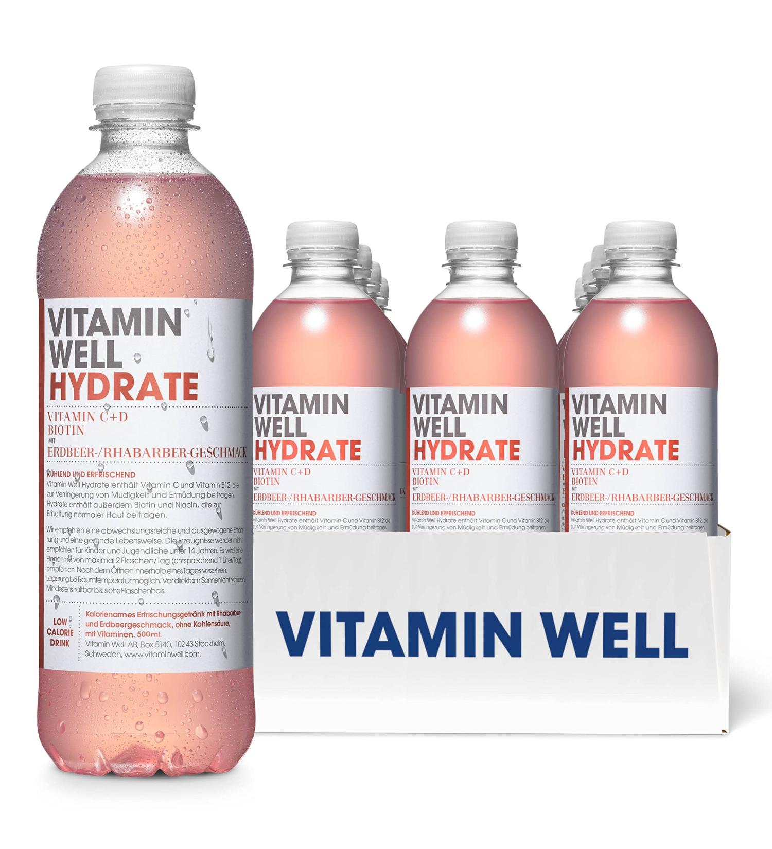 Vitamin Well Strawberry Rhubarb Vitamin Water - Low-Calorie Hydrating Drink with Vitamin C D Biotin & Zinc - 12 x 500ml Bottles - Buy Online on GoSupps.com