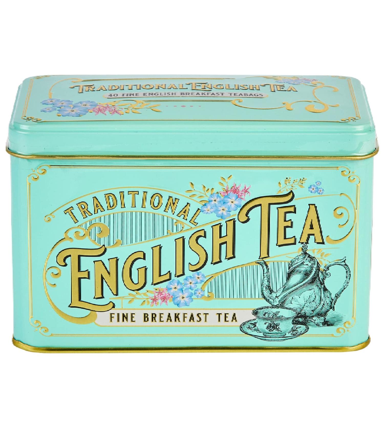 New English Teas Vintage Victorian Tea Caddy - 40 English Breakfast Forget Me Not Florals Ceylon Tea Bags - Black Tea Mint Green Small Tin - Buy Online on GoSupps.com