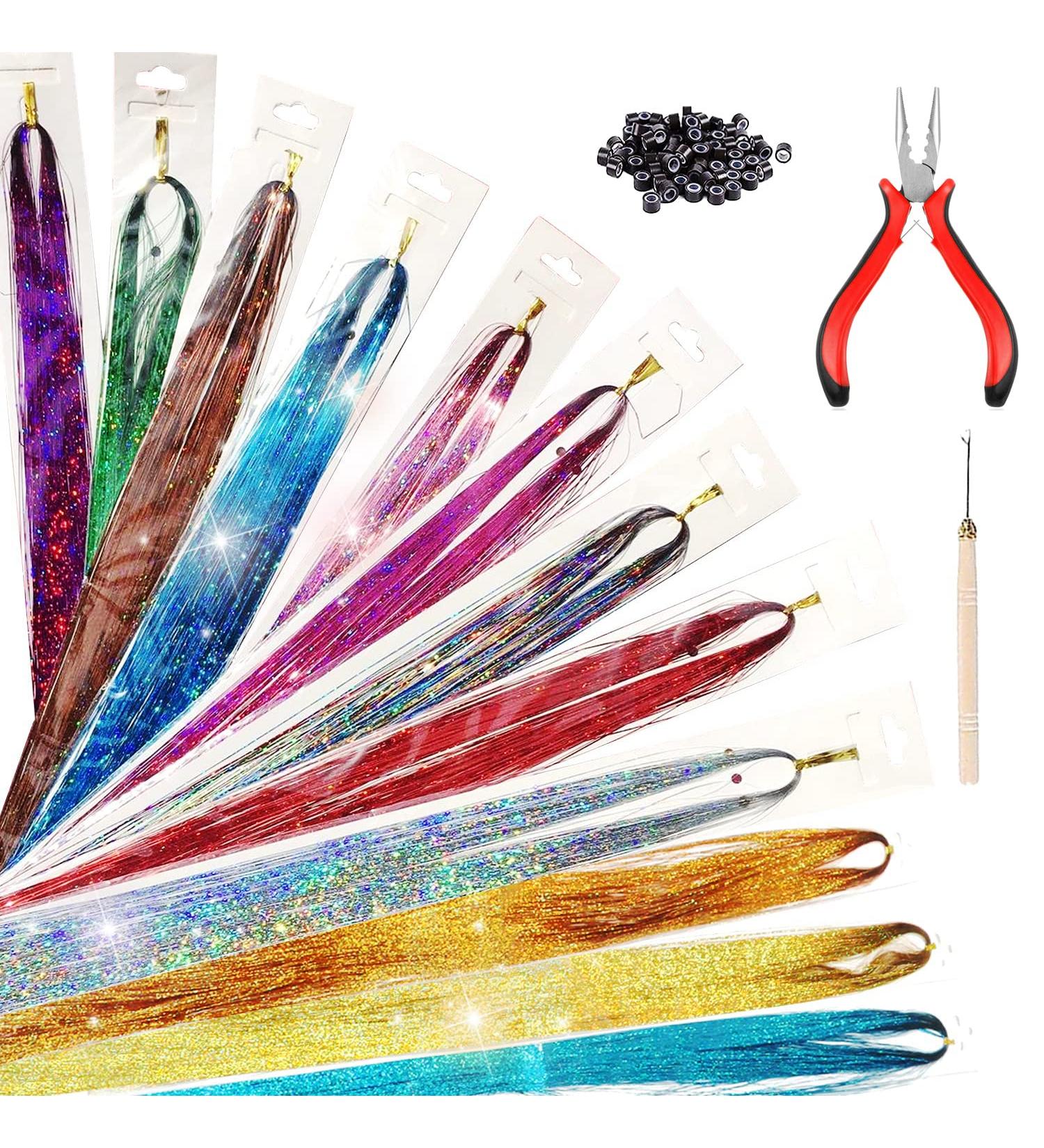 46 Hair Tinsel Kit with Tool - 12 Colors, 3600 Strands - Sparkling Fairy Hair Extensions for Women and Girls - Buy Online on GoSupps.com