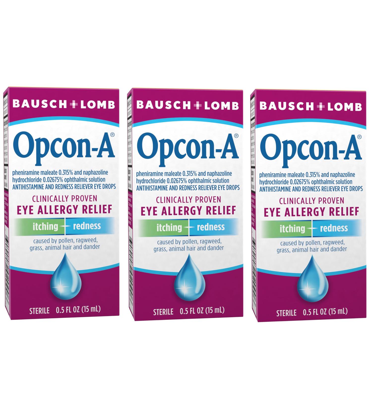 Opcon-A Allergy Eye Drops, Antihistamine and Redness Relief for Itchy, Red Eyes, Soothes Irritation from Pollen, Ragweed, Grass, Animal Hair & Dander, Clinically Proven Formula, 0.5 Fl Oz (Pack of 3) - Buy Online on GoSupps.com