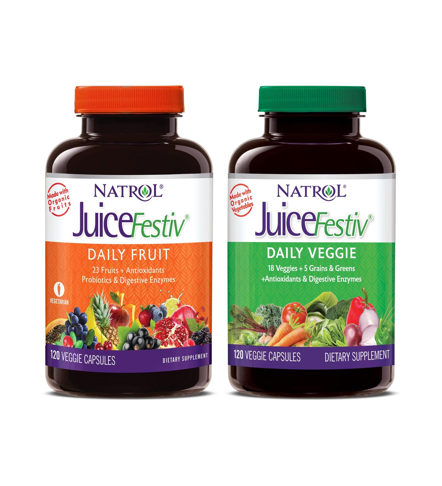 Natrol Juicefestiv Daily Fruits & Veggies Capsules with SelenoExcell - 240 ct (Two 120 ct Bottles) - 46 Fruits & Vegetables - Improves Metabolism and Boosts Energy - 60 Servings - Buy Online on GoSupps.com