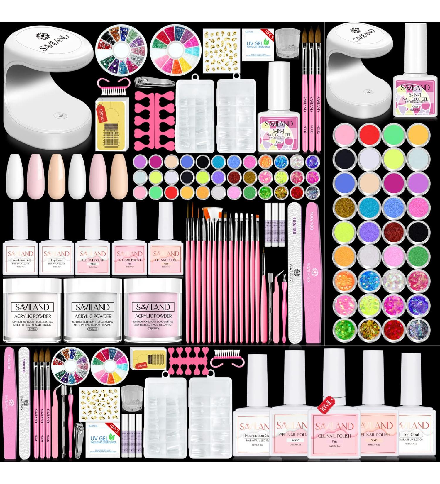 Saviland Glitter Acrylic Nail Kit with Mini Nail Lamp - Professional DIY Acrylic Set for Beginners - Buy Online on GoSupps.com