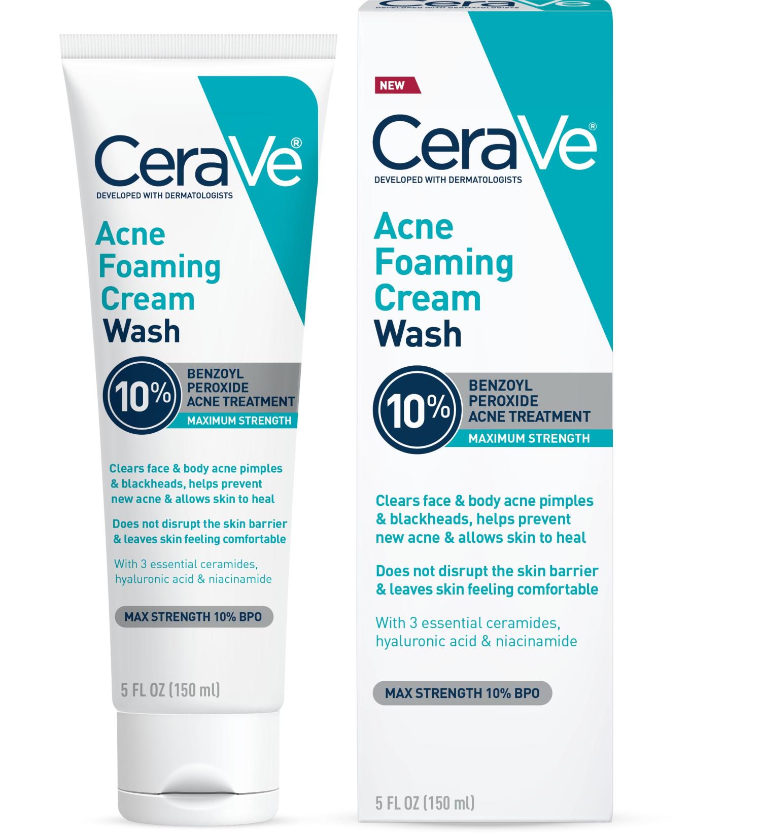 CeraVe Acne Foaming Cream Wash - 10% Benzoyl Peroxide Acne Cleanser Hyaluronic Acid & Niacinamide | Treats Pimples Blackheads & Body Acne - 5 Oz - Buy Online on GoSupps.com