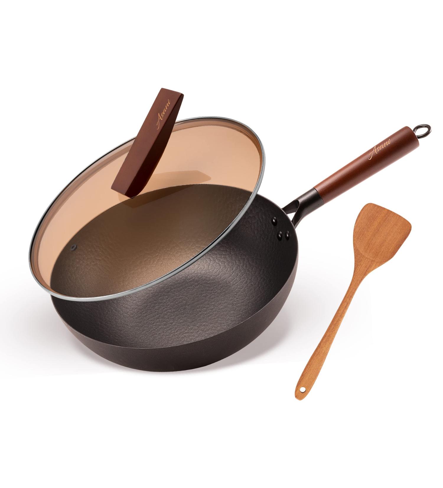 12.5 Inch Carbon Steel Wok with Lid, Spatula & Glass Lid - Versatile Stir Fry Pan for Gas, Electric & Induction Stoves - Buy Online on GoSupps.com