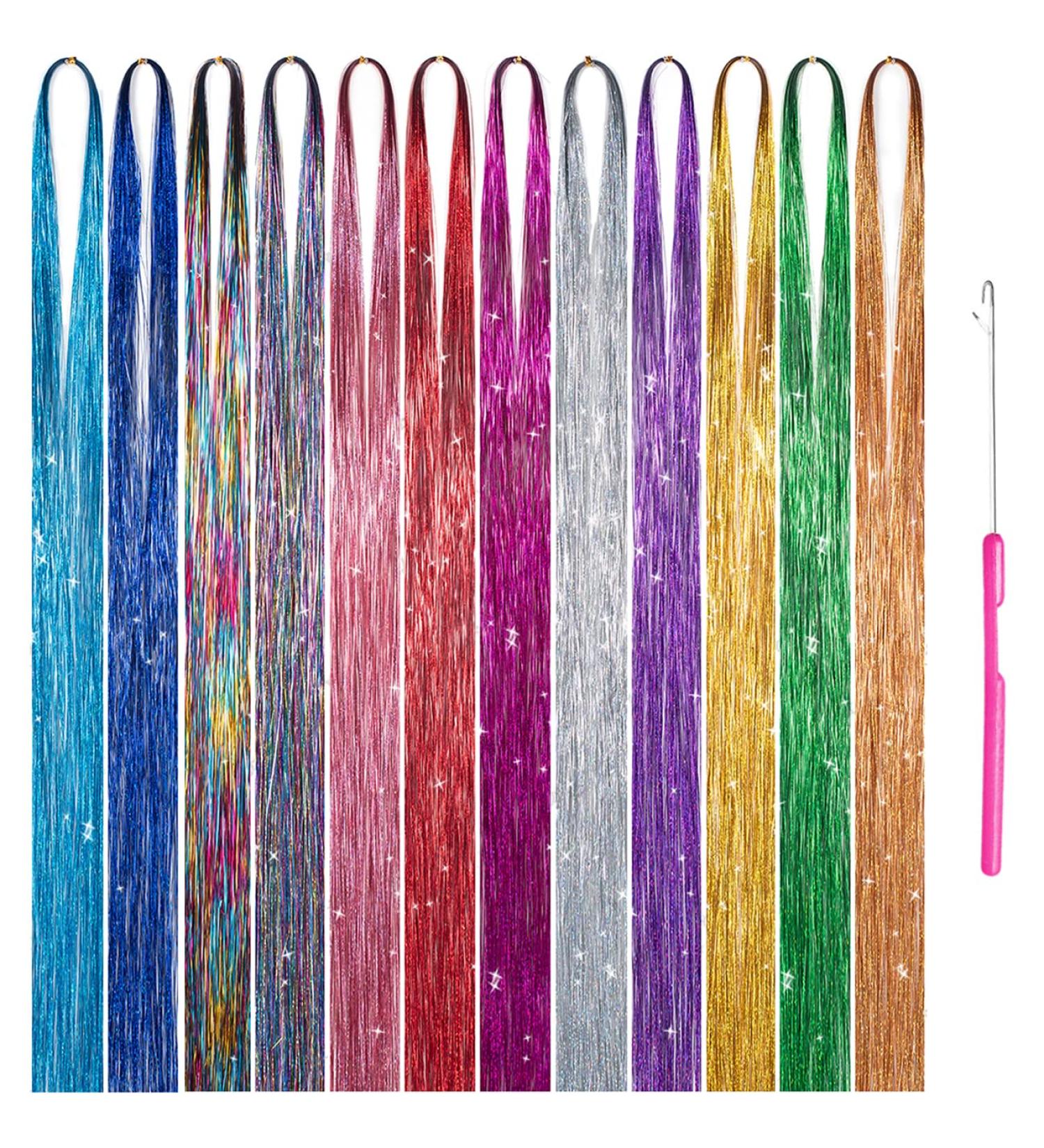 Shiny Hair Tinsel Kit - 12 Colors, 3000 Strands, Fairy Extensions for Party Highlights - Glitter Multi-Colors - 45 Inch (Pack of 12) - Buy Online on GoSupps.com