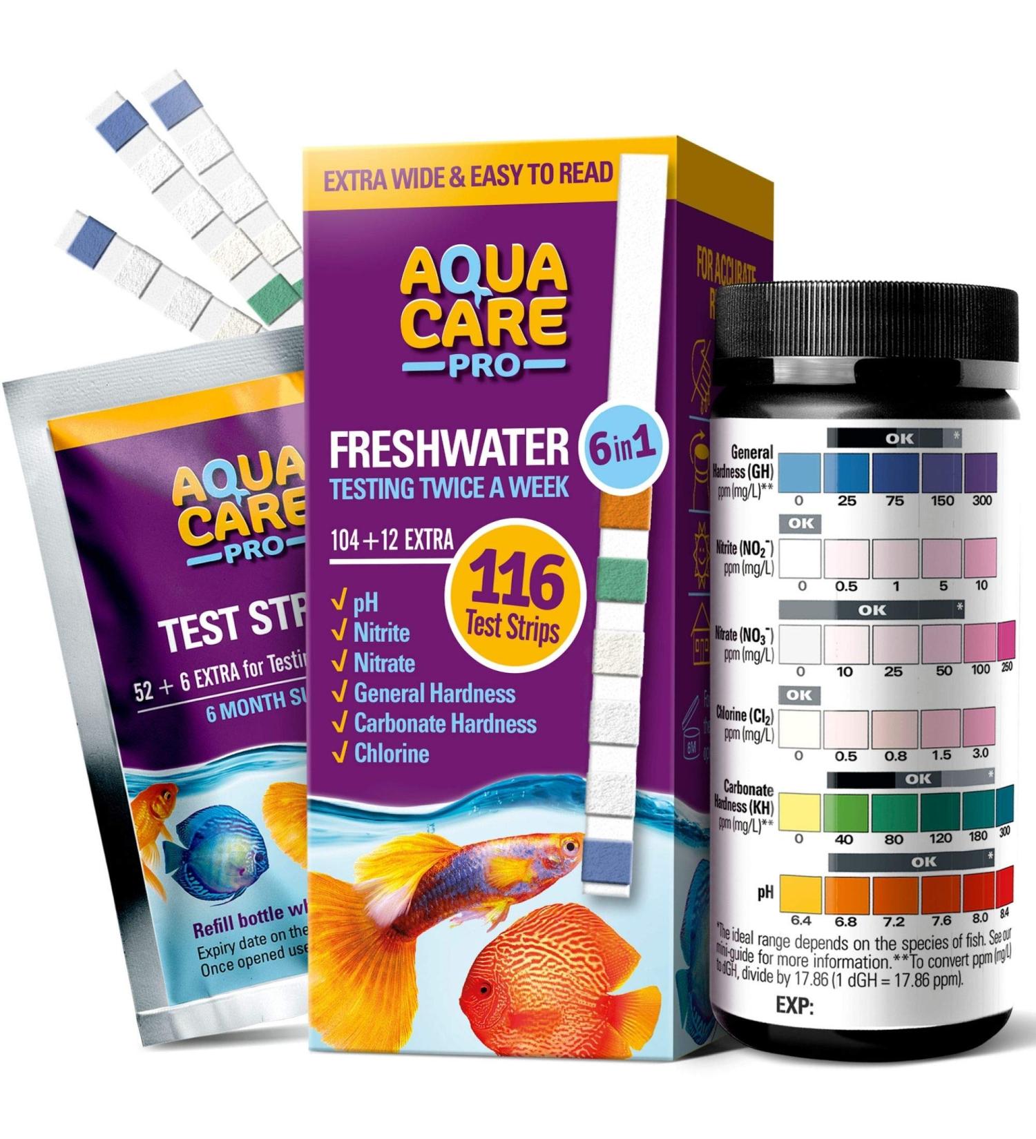 Freshwater Aquarium Test Strips 6 in 1 - Complete Fish Tank Test Kit | pH, Nitrite, Nitrate, Chlorine, GH & KH | 116 Ct | Easy-to-Read Wide Strips - Buy Online on GoSupps.com