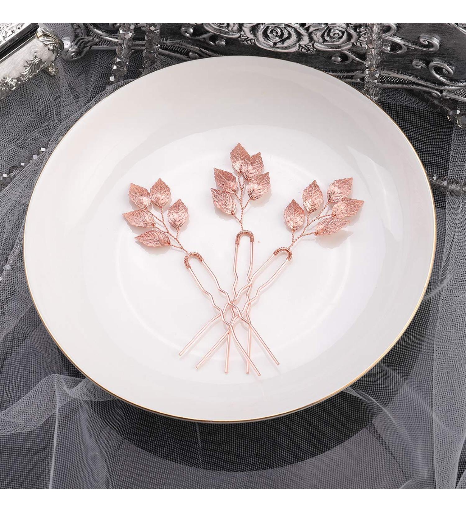 Beryuan Vintage Rose Gold Leaf Hairpin Set | 3-Piece Bride Hair Accessories | Elegant Hair Clips for Parties & Special Occasions - Buy Online on GoSupps.com