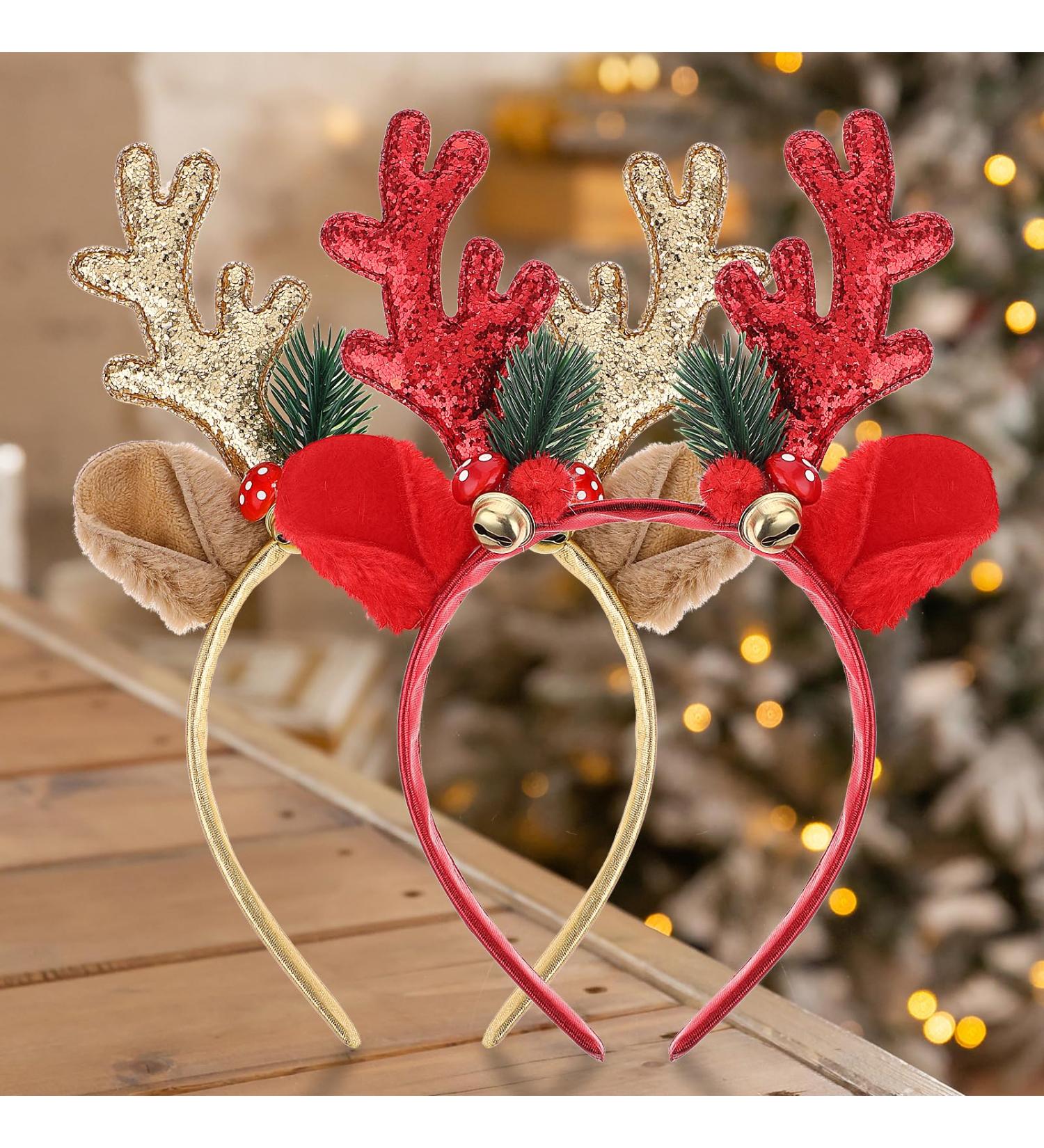 Thinp 2 Pieces Christmas Headbands Glitter Christmas Headbands for women Antler Headband with Bell Christmas Hats Holiday Decorations for Christmas Party Xmas Dinner and Photos Booth (Gold Red) - Buy Online on GoSupps.com