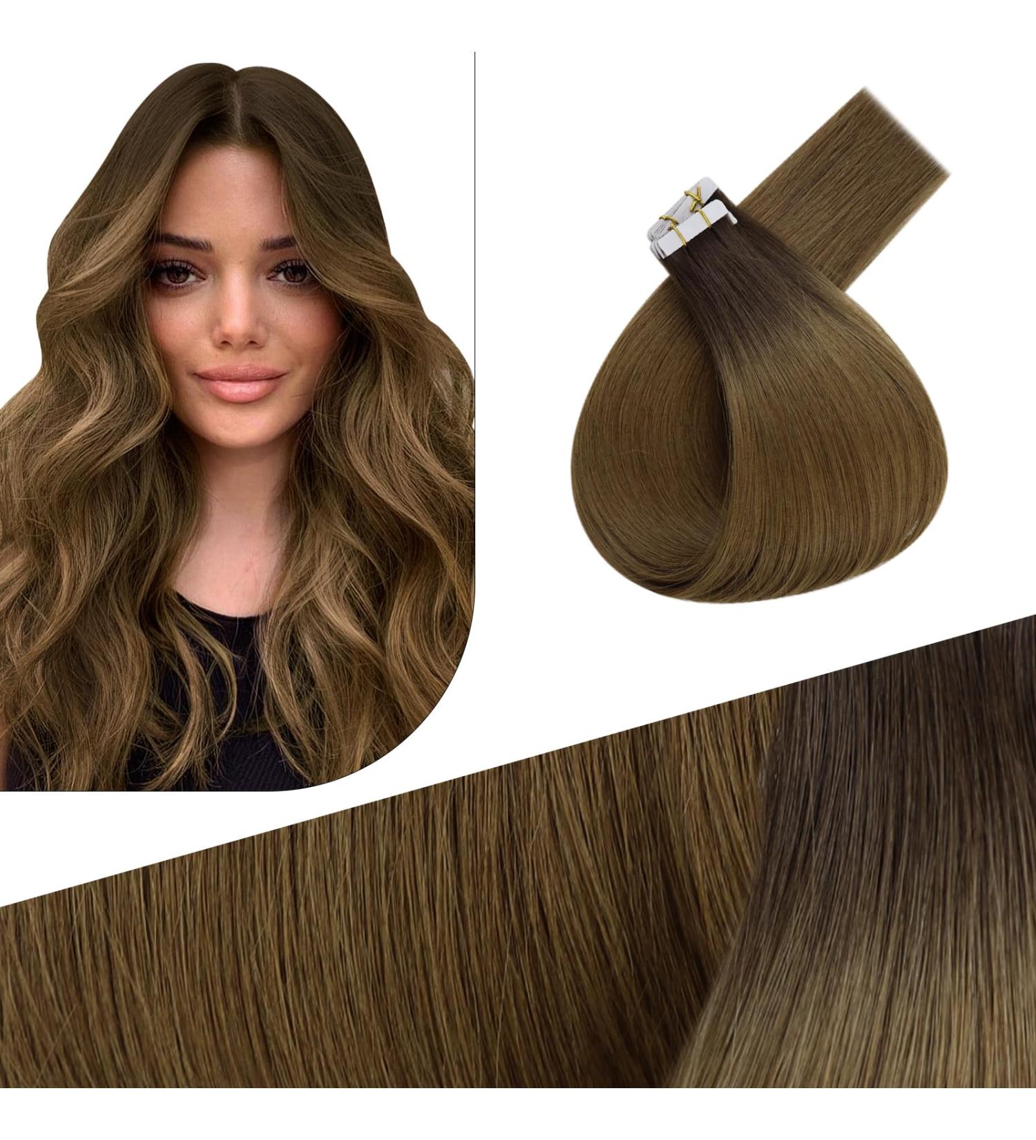 FSHINE Ombre Tape In Hair Extensions - Real Virgin Hair Dark Brown to Light Brown 55cm 25g 10 Pieces Invisible Recovery #R3T8 #R3-T8 - Buy Online on GoSupps.com