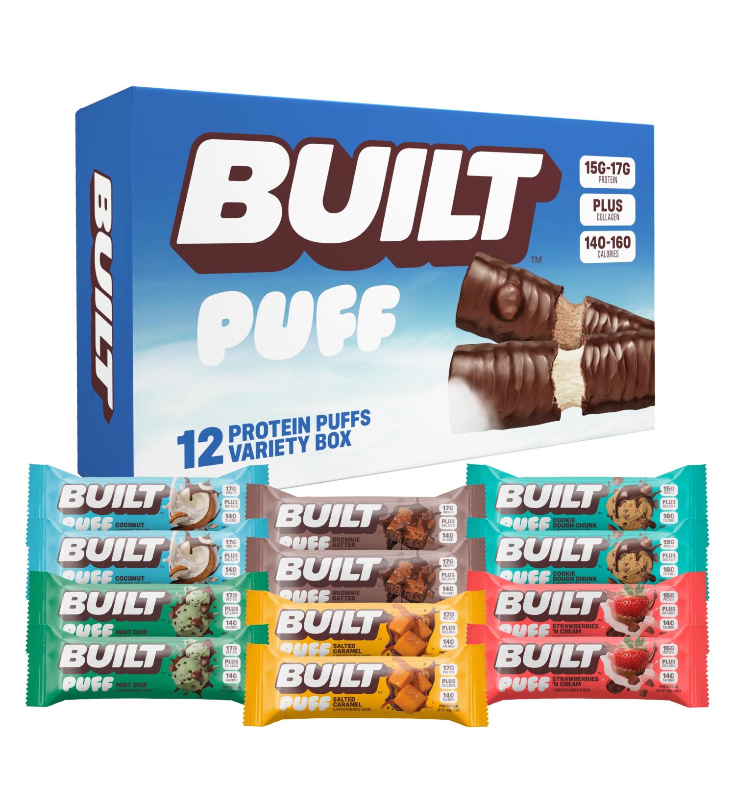 Built Bar Puff Protein Bars Variety Pack Collagen On-the-go Snacks Breakfast Bar Mixed Sampler 12 Pack Mixed Puff Box - Buy Online on GoSupps.com