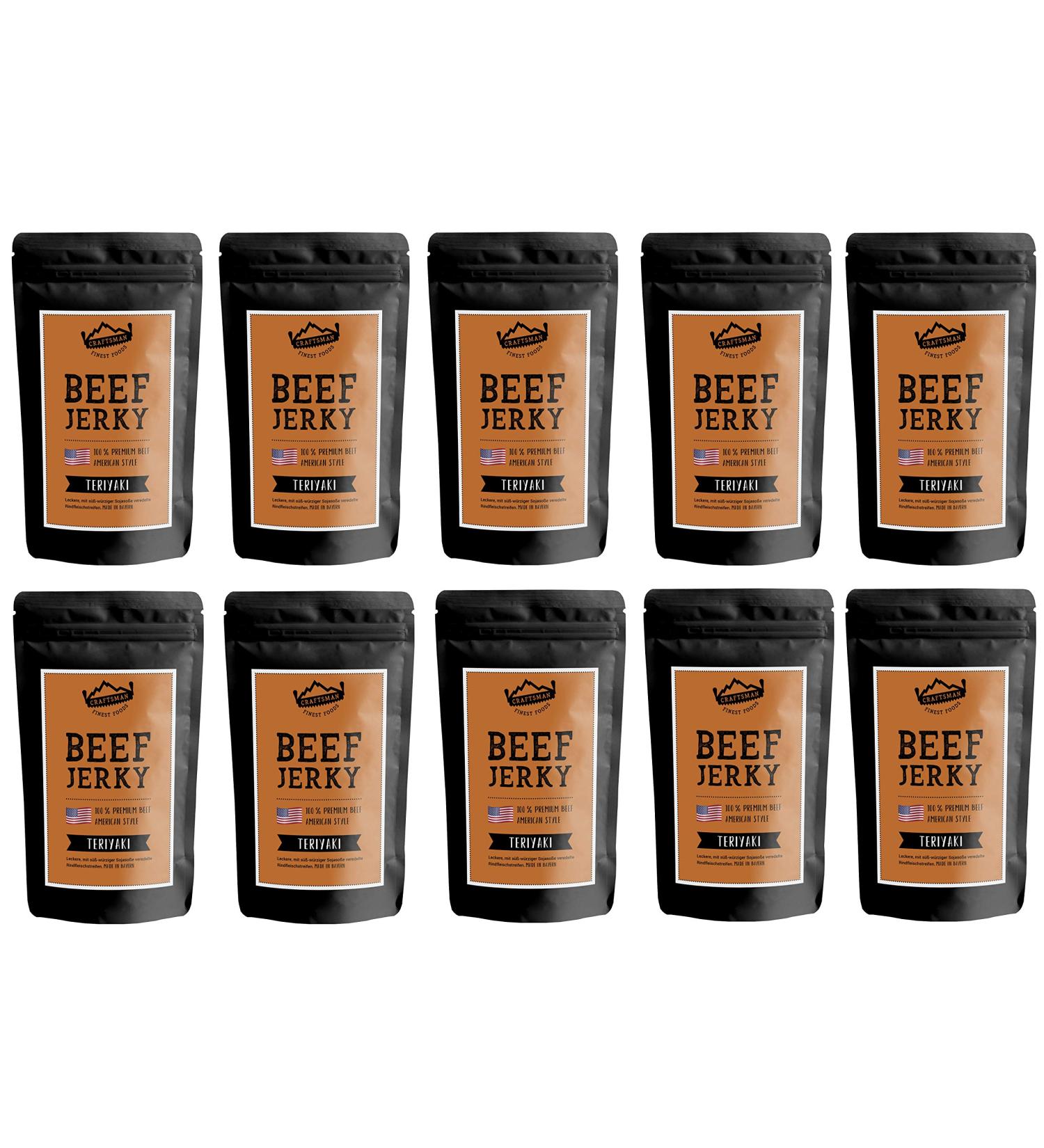  CRAFTSMAN FINEST FOODS Craftsman Beef Jerky TERIYAKI - 500 g (10 x 50 g) - Dried meat from Germany - Bavaria - American Jerky Beef - 100% beef - Teriyaki - Premium Beef - Made in Germany - Buy Online on GoSupps.com