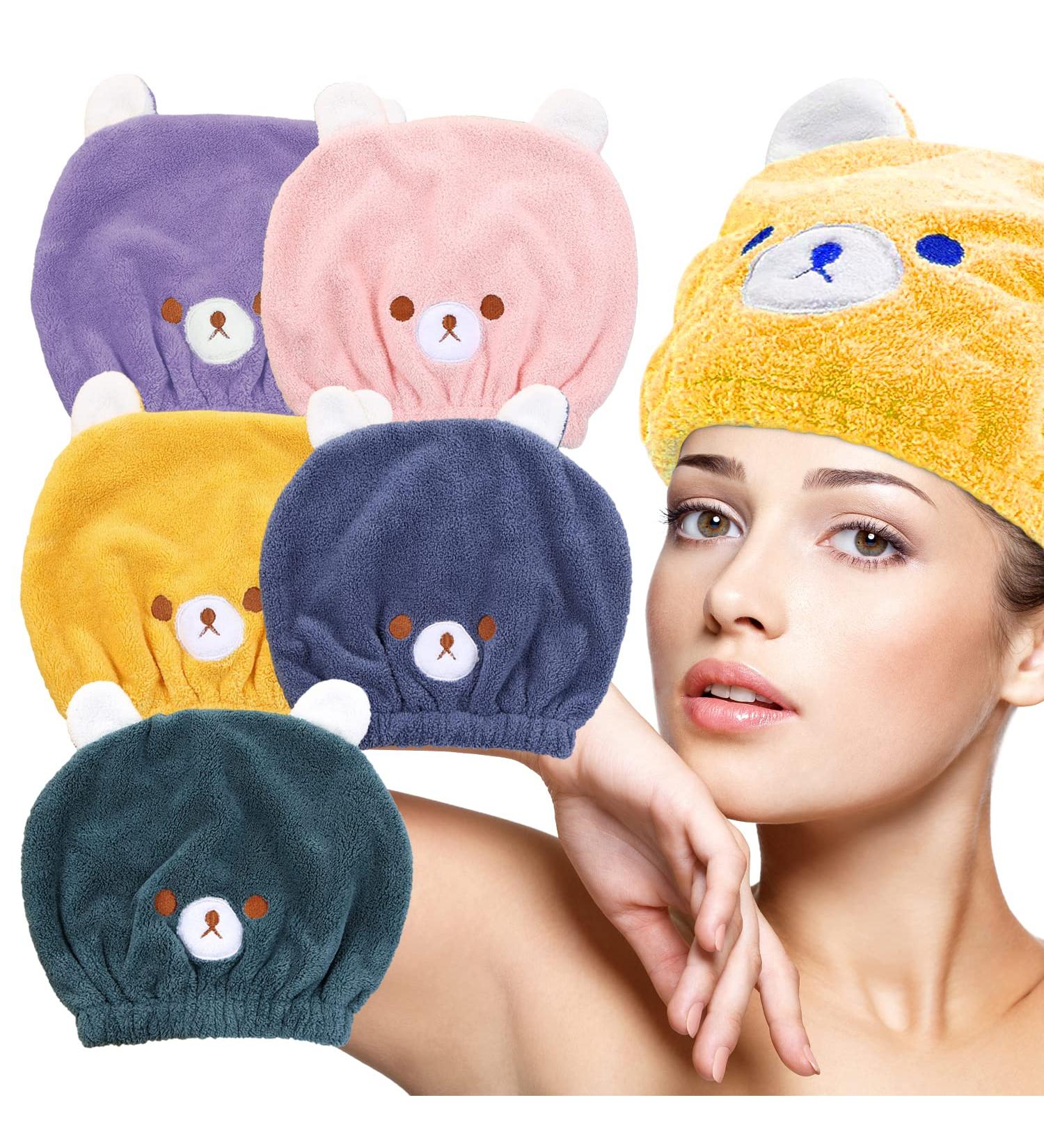 MERLINAE 5 Pack Microfiber Hair Drying Towels Fast Coral Velvet Drying Long Hair Turban Wrap Absorbent Twist Turban Princess Shower Cap Beer Pattern for Women and Children (5)