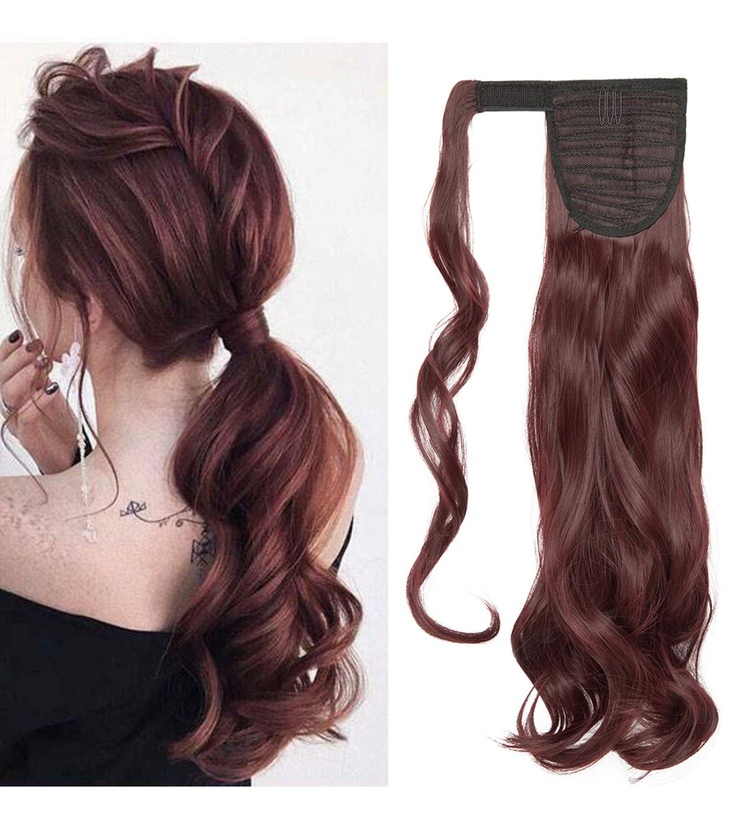 Clip in Ponytail Extension: Long Straight Curly Hairpiece for Women in Wine Red (17 inch) - Buy Online on GoSupps.com