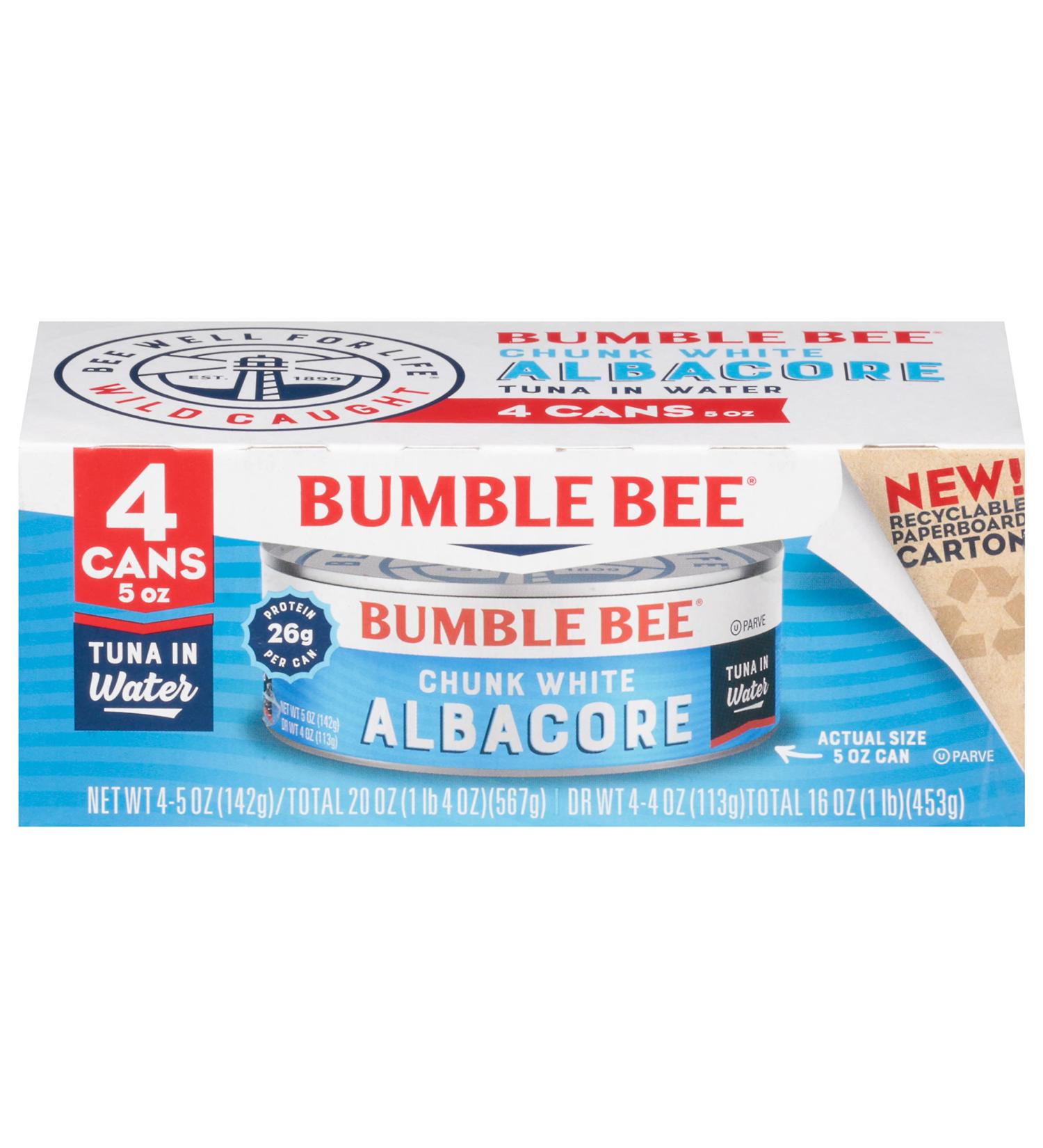 Bumble Bee Chunk White Albacore Tuna in Water 5 oz Cans (Pack of 4) - Wild Caught, High Protein, Non-GMO, Gluten Free, Kosher - Perfect for Tuna Salad & Recipes - Buy Online on GoSupps.com