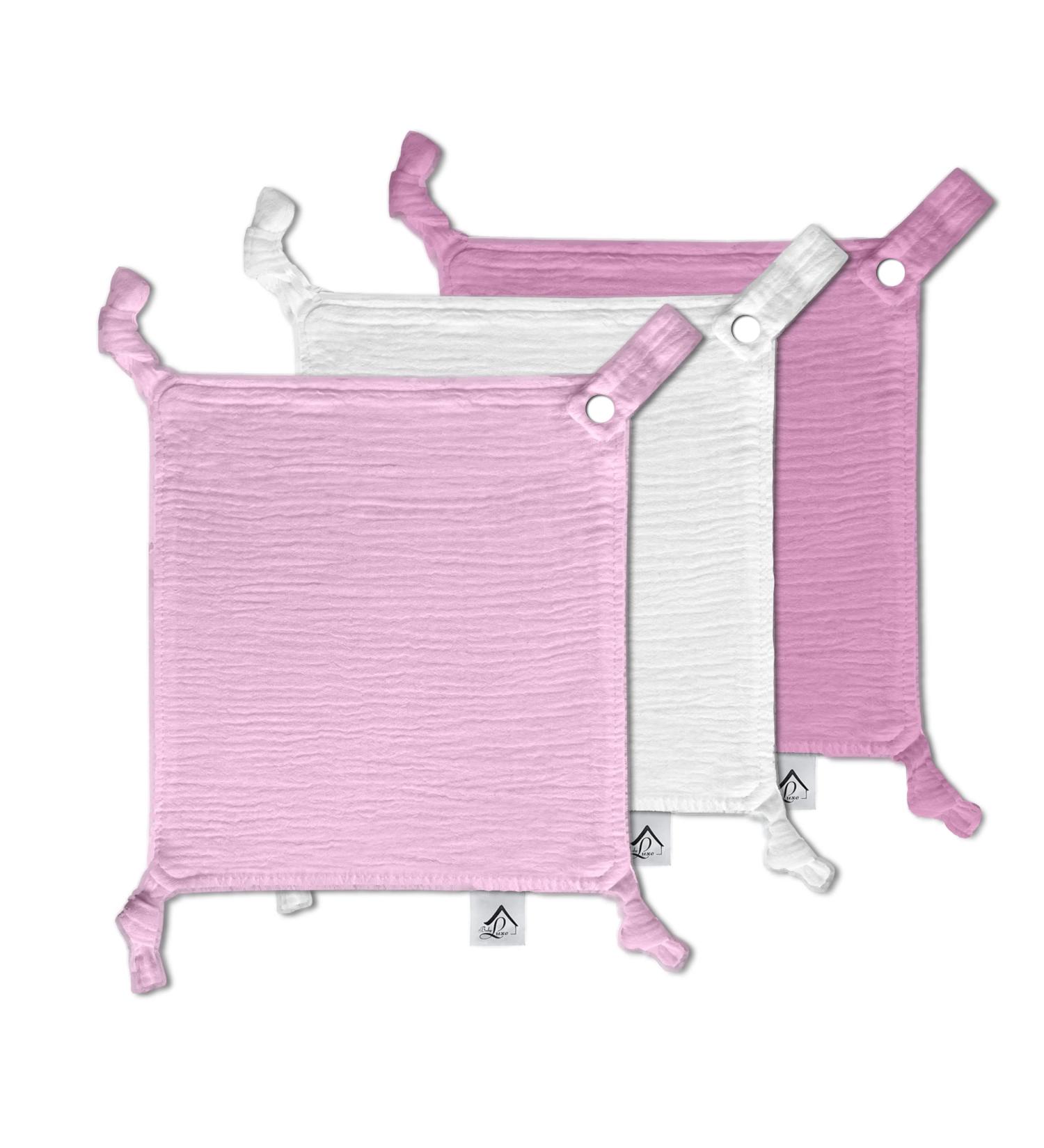 Baby Luxe 5-in-1 Mini Muslin Square Bib Toy Holder Washcloth Comforter Set of 3 - Baby Pink Medium Pink White - Clip Attachment for Baby Bag, Pacifiers, Teething Toys and More - Buy Online on GoSupps.com