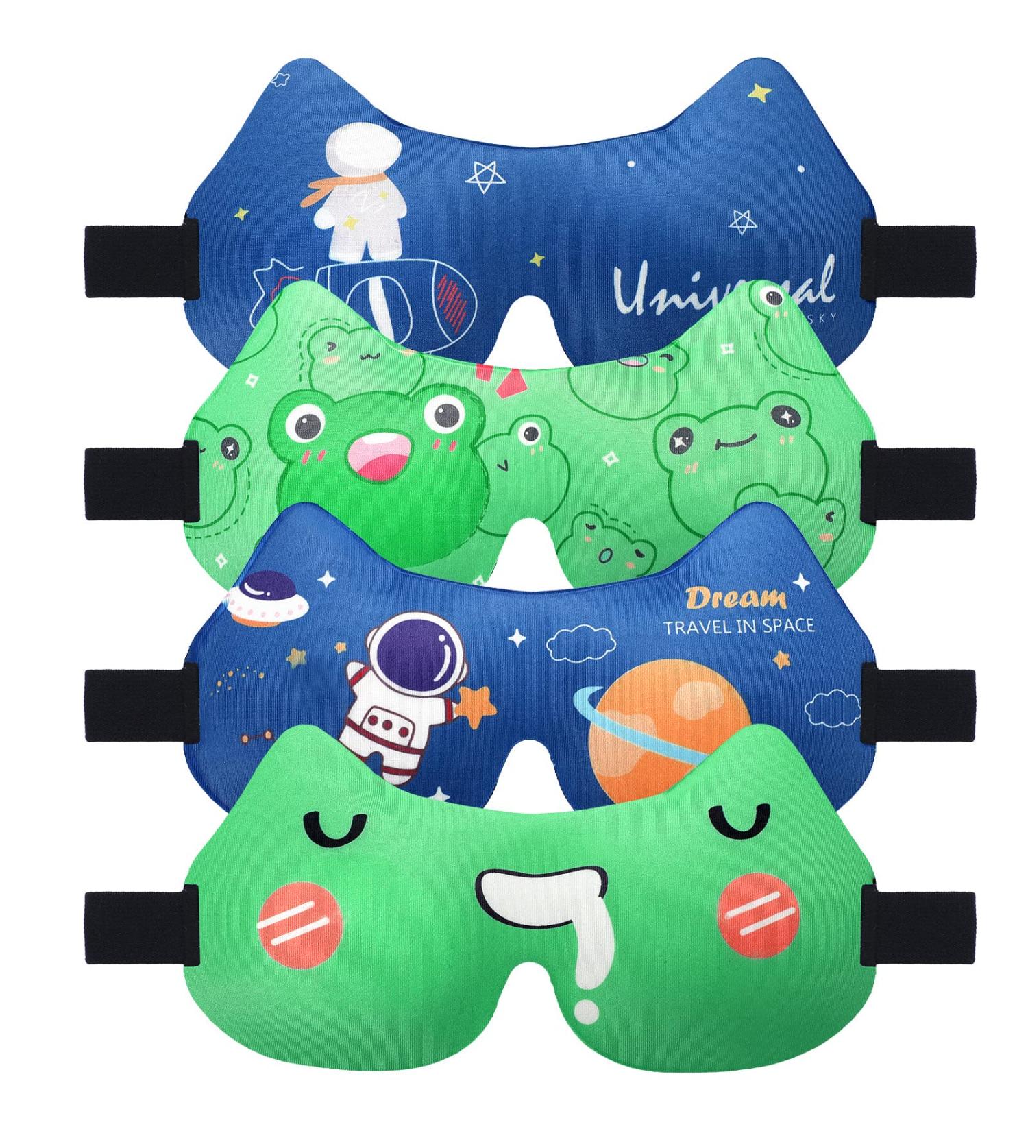 Sureio 4 Pairs Boys Sleep Eye Mask - Cute Cartoon 3D Contoured Blackout Blindfold for Kids, Men, Women - Travel Night Masks with Planet, Rocket, Frog Patterns (Blue/Green) - Buy Online on GoSupps.com