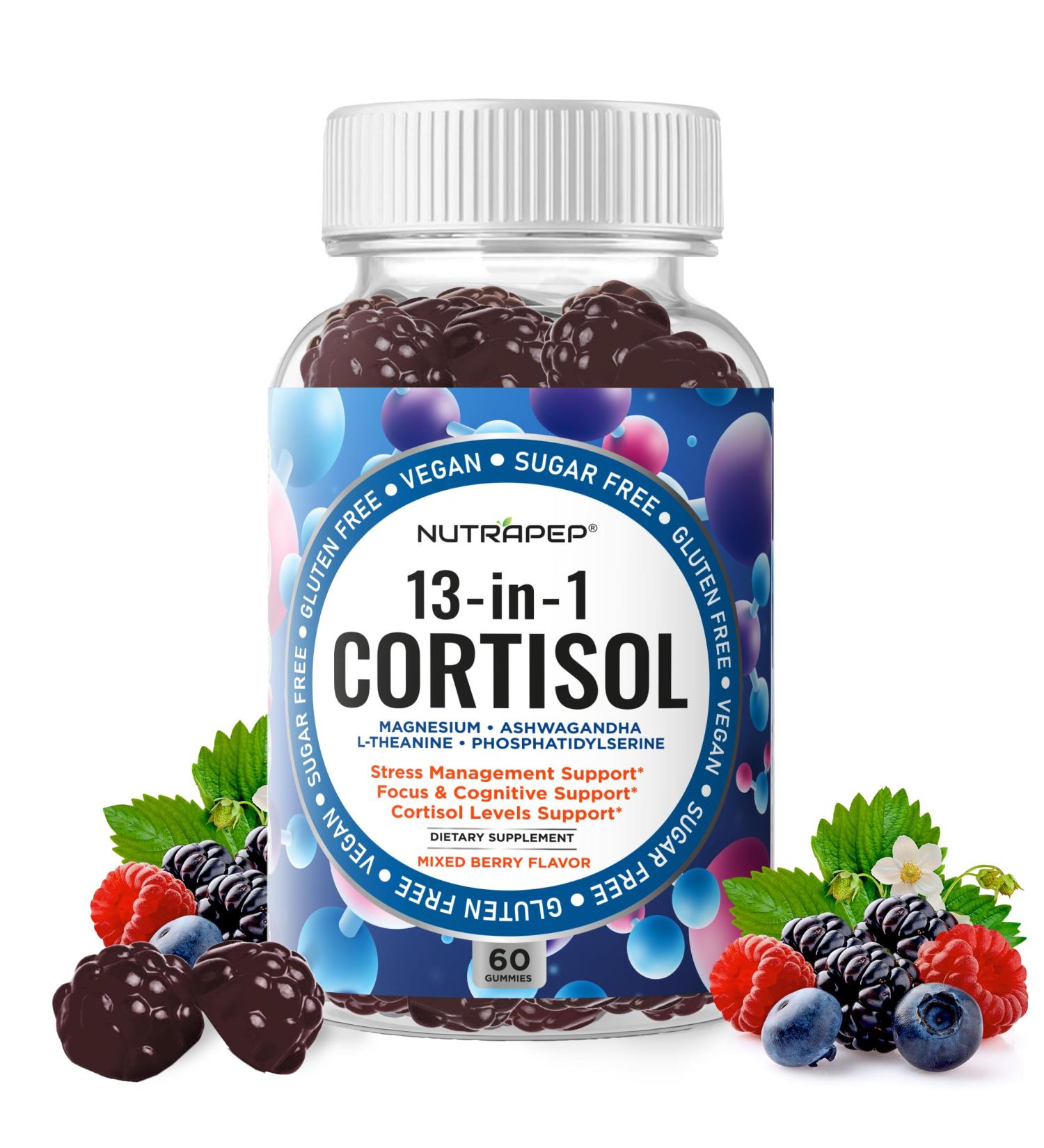 Cortisol Gummies for Women Men - 13-in-1 High Cortisol Reducer with Ashwagandha Magnesium L-theanine Rhodiola Rosea - Daily Cortisol Detox Manager for Stress Focus Support - Vegan Sugar Free 60 Count (Pack of 1) - Buy Online on GoSupps.com
