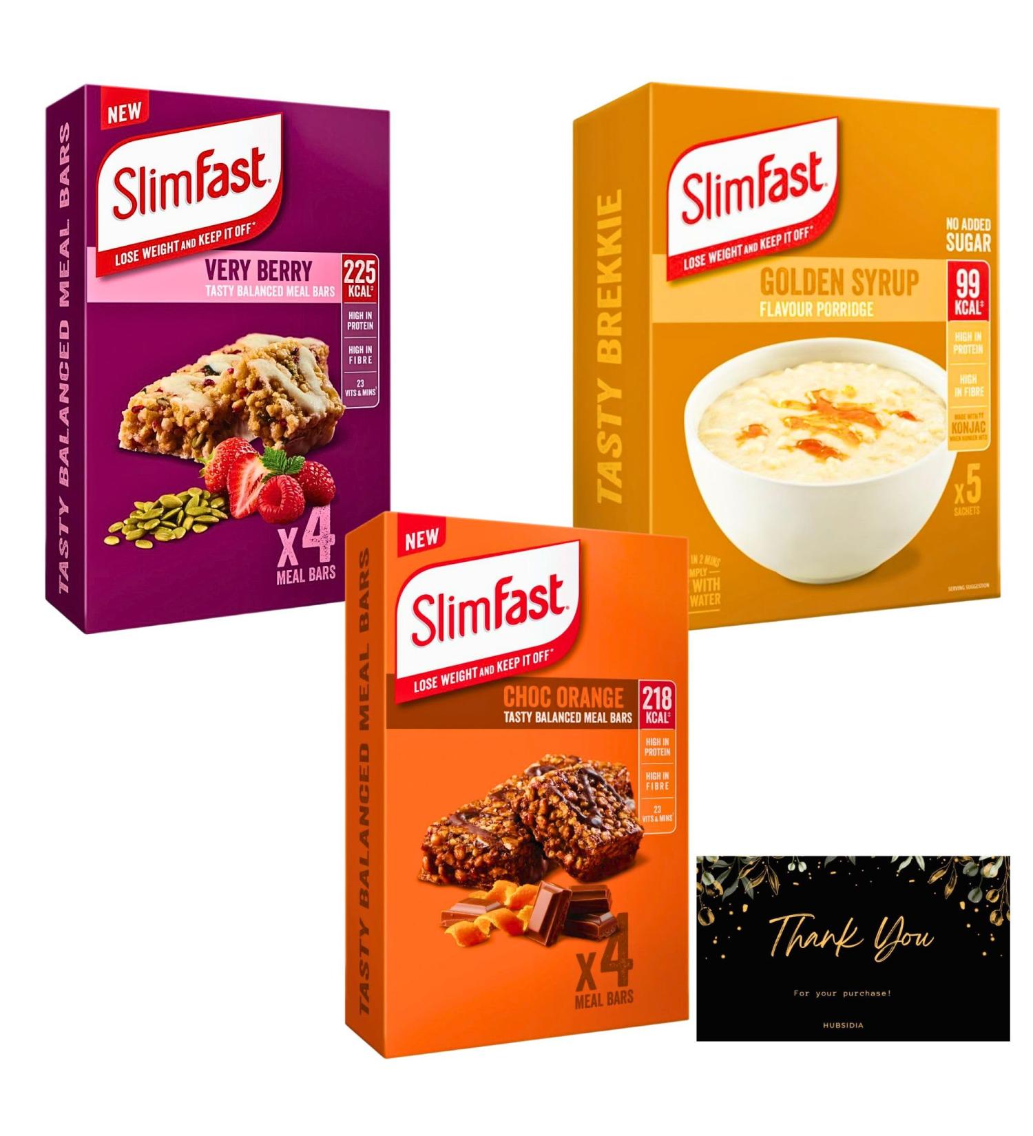 Slimfast Meal Replacement for Weight Loss Bundle with 1 x Slimfast Porridge Golden Syrup 1 x Slim Fast Very Berry Meal Bars and 1x SlimFast Choc Orange Bars - Buy Online on GoSupps.com