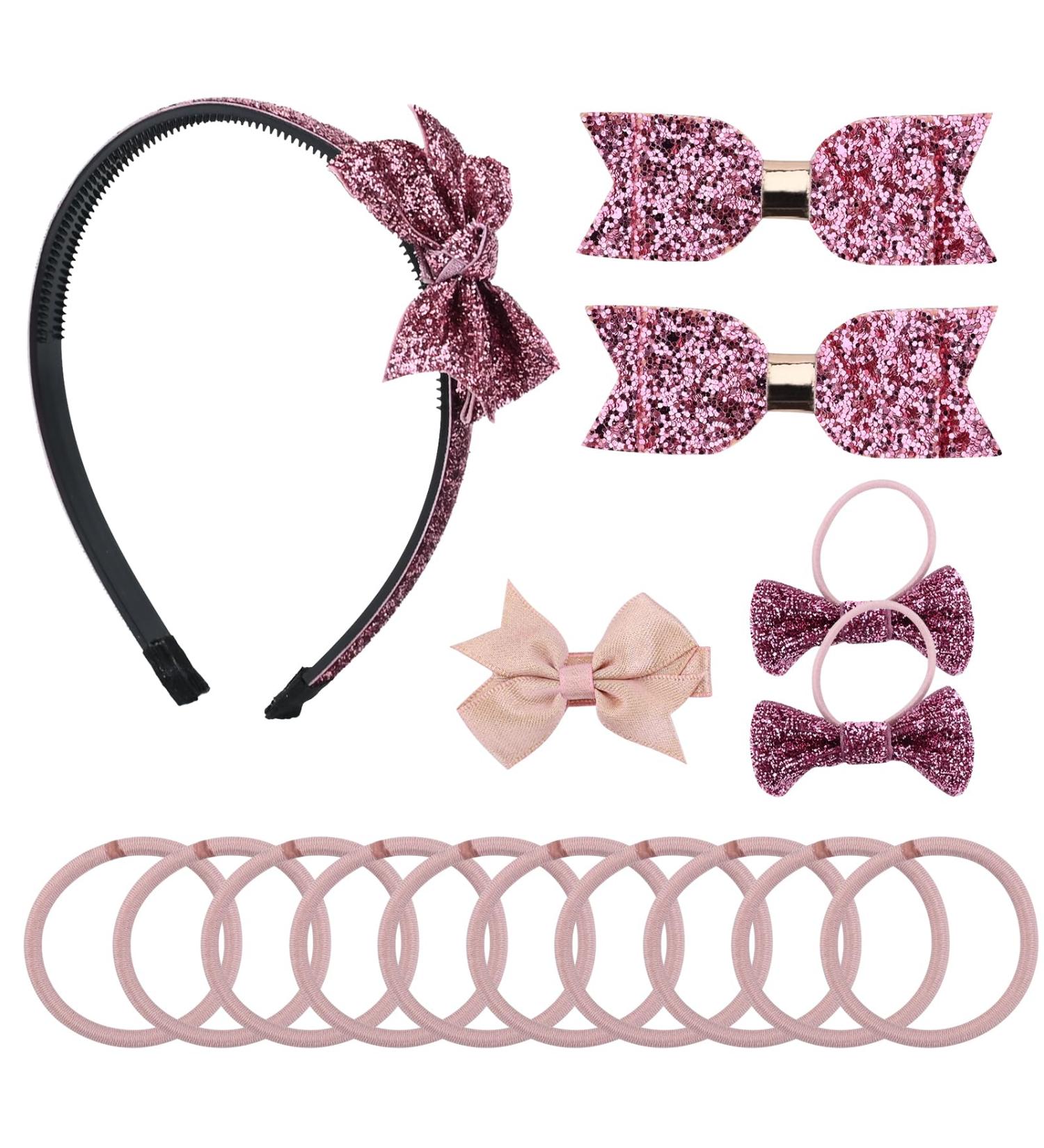 Bekecidi 16 Pieces Bow Hair Accessories Set Bow Hairpin Sequins Bow Hair Clips Bow Rubber Band Bow Headband for Girls Kids Pink - Buy Online on GoSupps.com