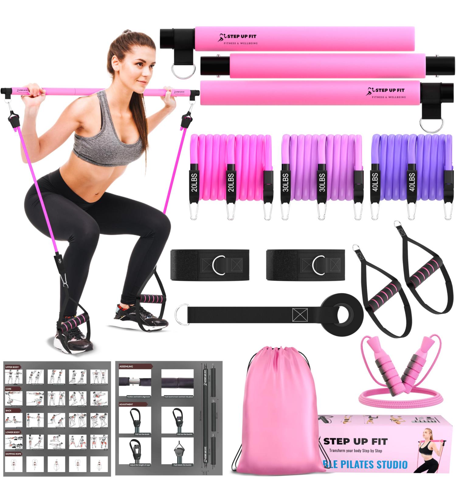Multipurpose Yoga Pilates Bar Set with Resistance Bands & Jump Rope | Travel-Friendly Home Gym Equipment for All Heights | Complete Body Fitness Workout in Pink - Buy Online on GoSupps.com
