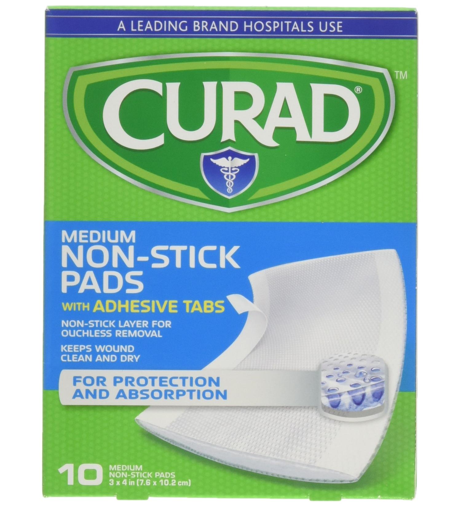 Curad Non-Stick Pads with Adhesive Tabs  3 x 4 in, 10 Each (Pack of 2)