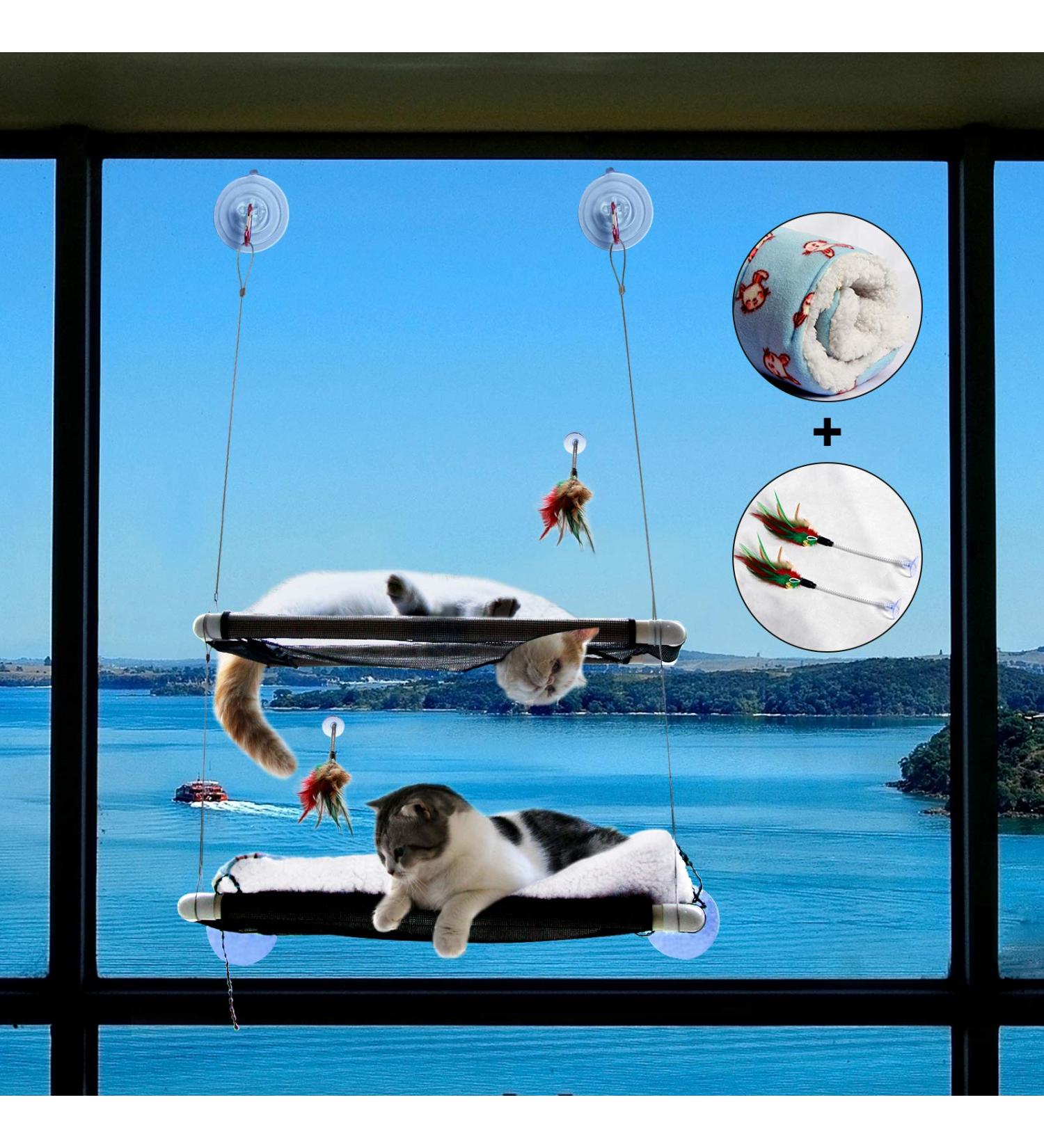 Cat Window Perch Deluxe Double Layer with Free Fleece Blanket & Toys | Large Cat Hammock for 55 lbs Cats | Space-Saving Sunbathing Bed - Buy Online on GoSupps.com