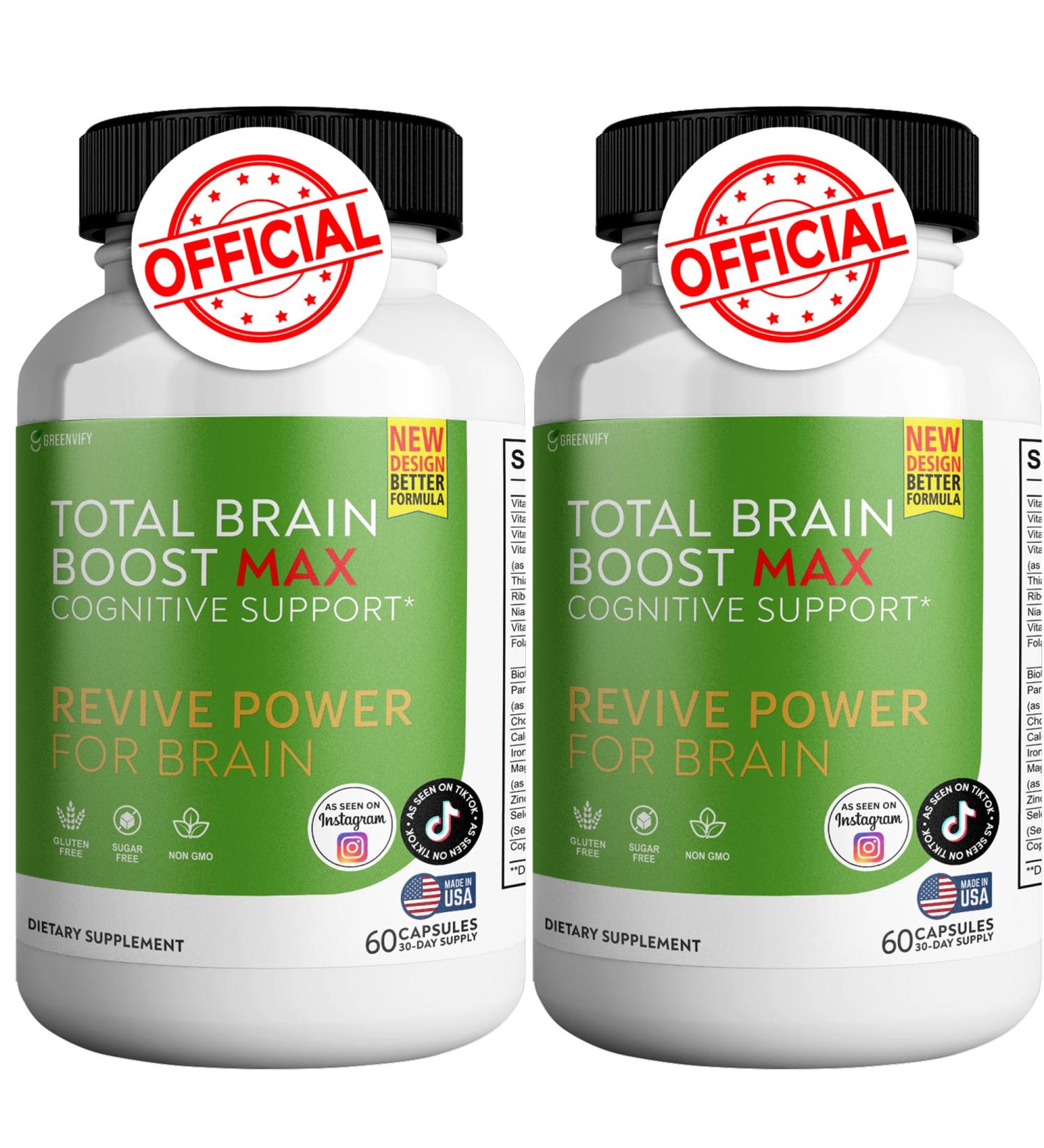 Total Brain Boost - Brain Support Supplement Enhance Memory & Focus Clear Brain Fog & Boost Cognitive Function 120 Natural Capsules Total Brain Boost 120 Count (Pack of 1)