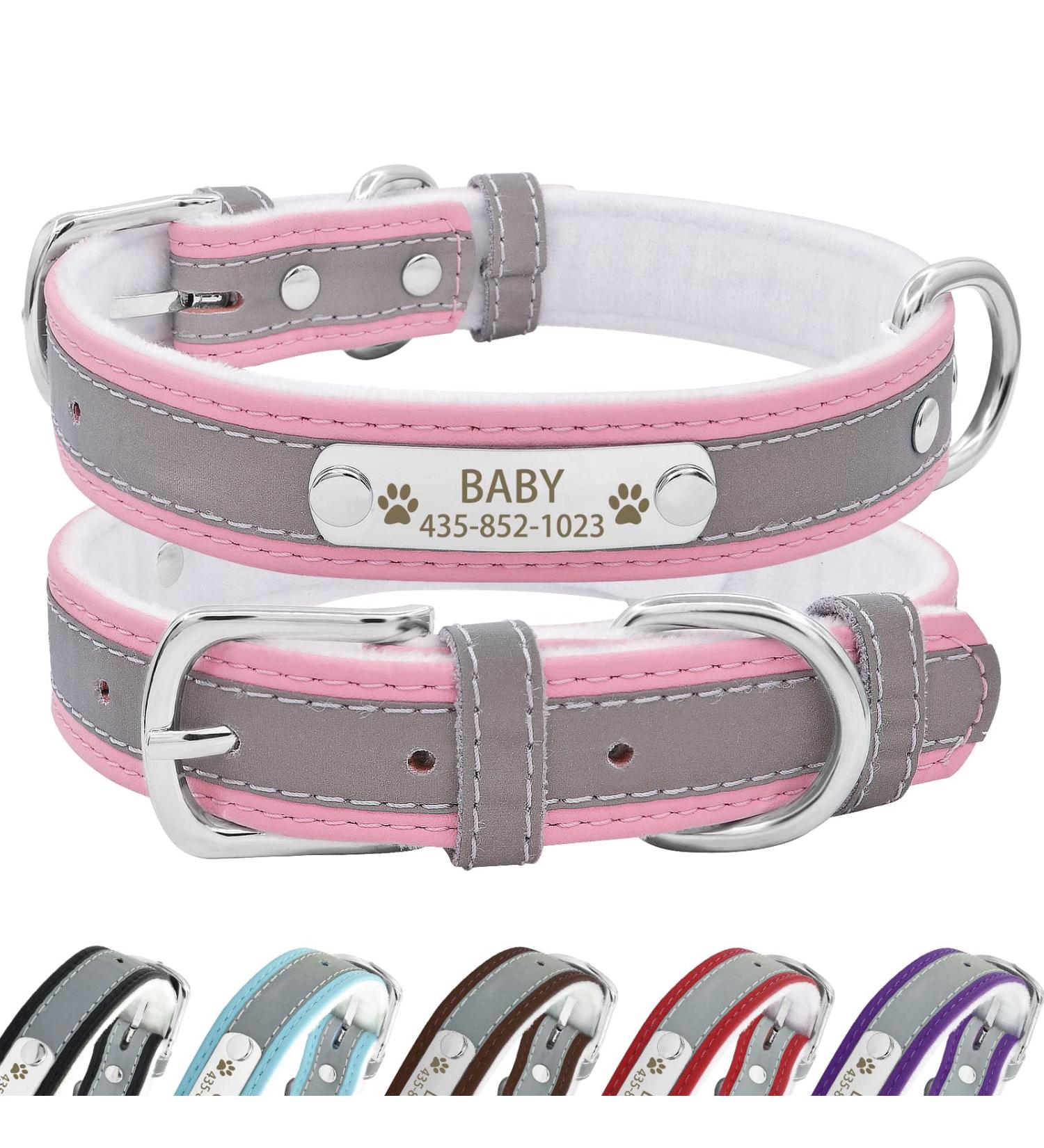 Senristar Personalized Reflective Leather Dog Collar - Engraved Name Tape for Small Medium & Large Dogs & Cats - XS Pink (1.5 cm Width 19-25 cm Neck) - Buy Online on GoSupps.com