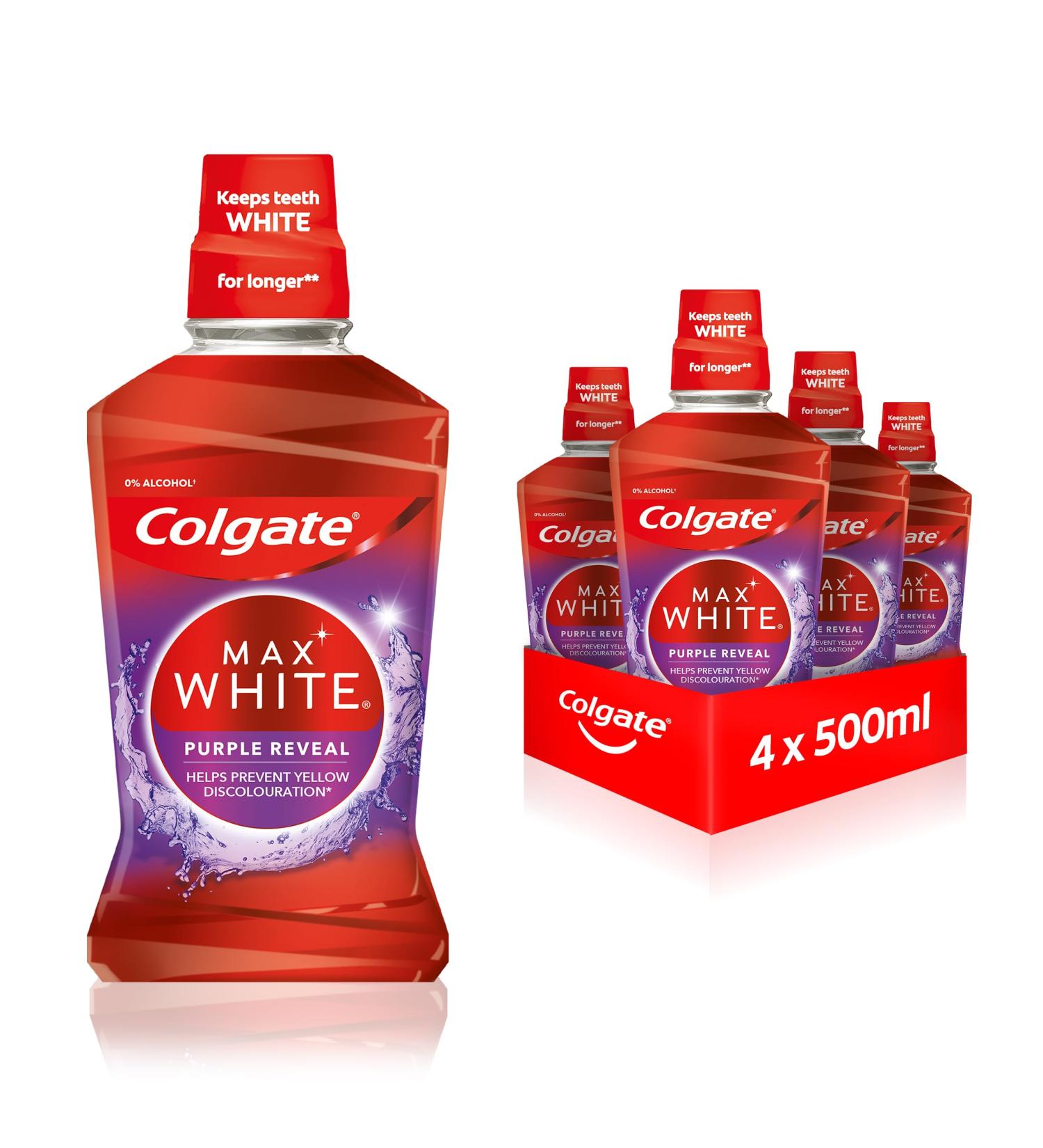 Colgate Mouthwash Max White Purple Reveal 4x500ml - Alcohol-Free Formula for Whiter Teeth | International Shipping Available - Buy Online on GoSupps.com
